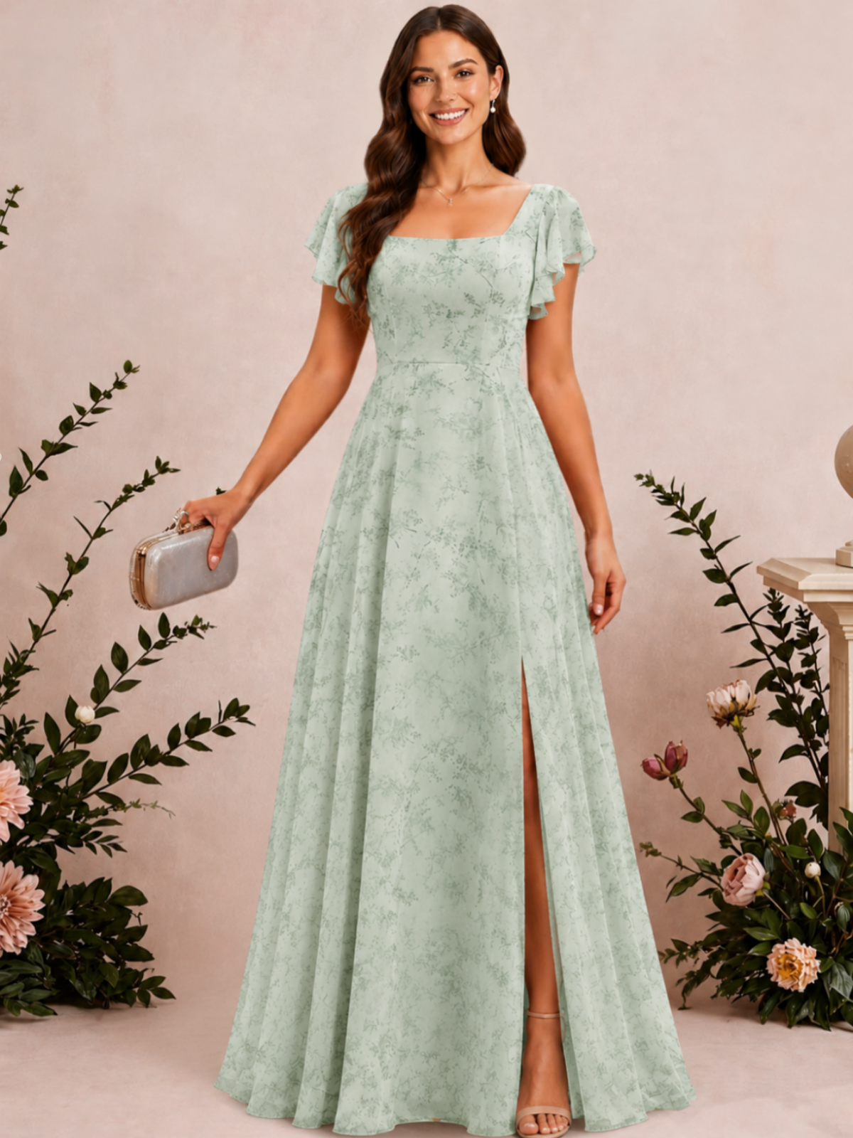 Square Neck Ruffles Sage Green Floral Chiffon Bridesmaid Dress with Slit