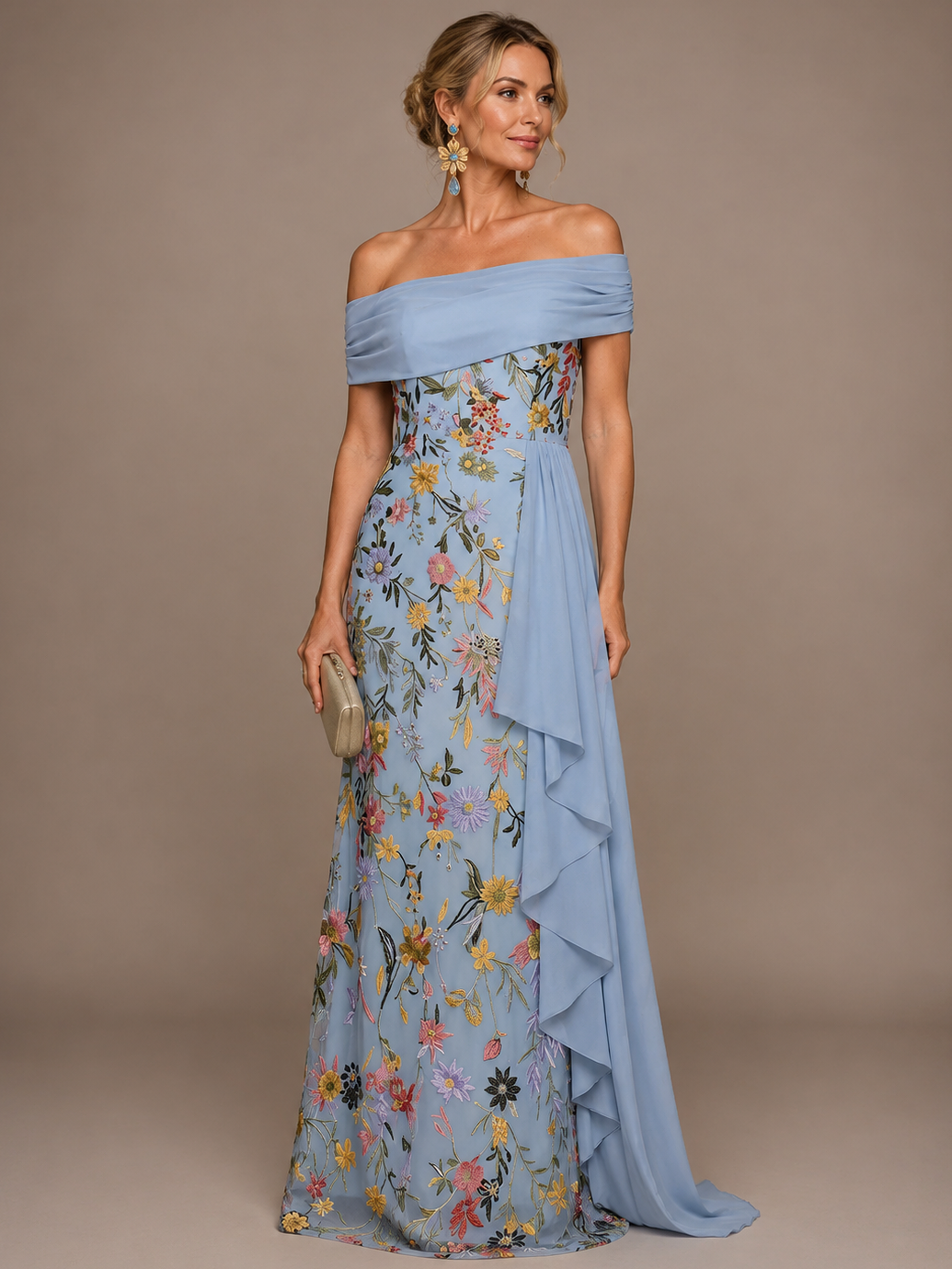 Off the Shoulder Ruffles Sage Green Floral Appliqeue Mother of The Bride Dress
