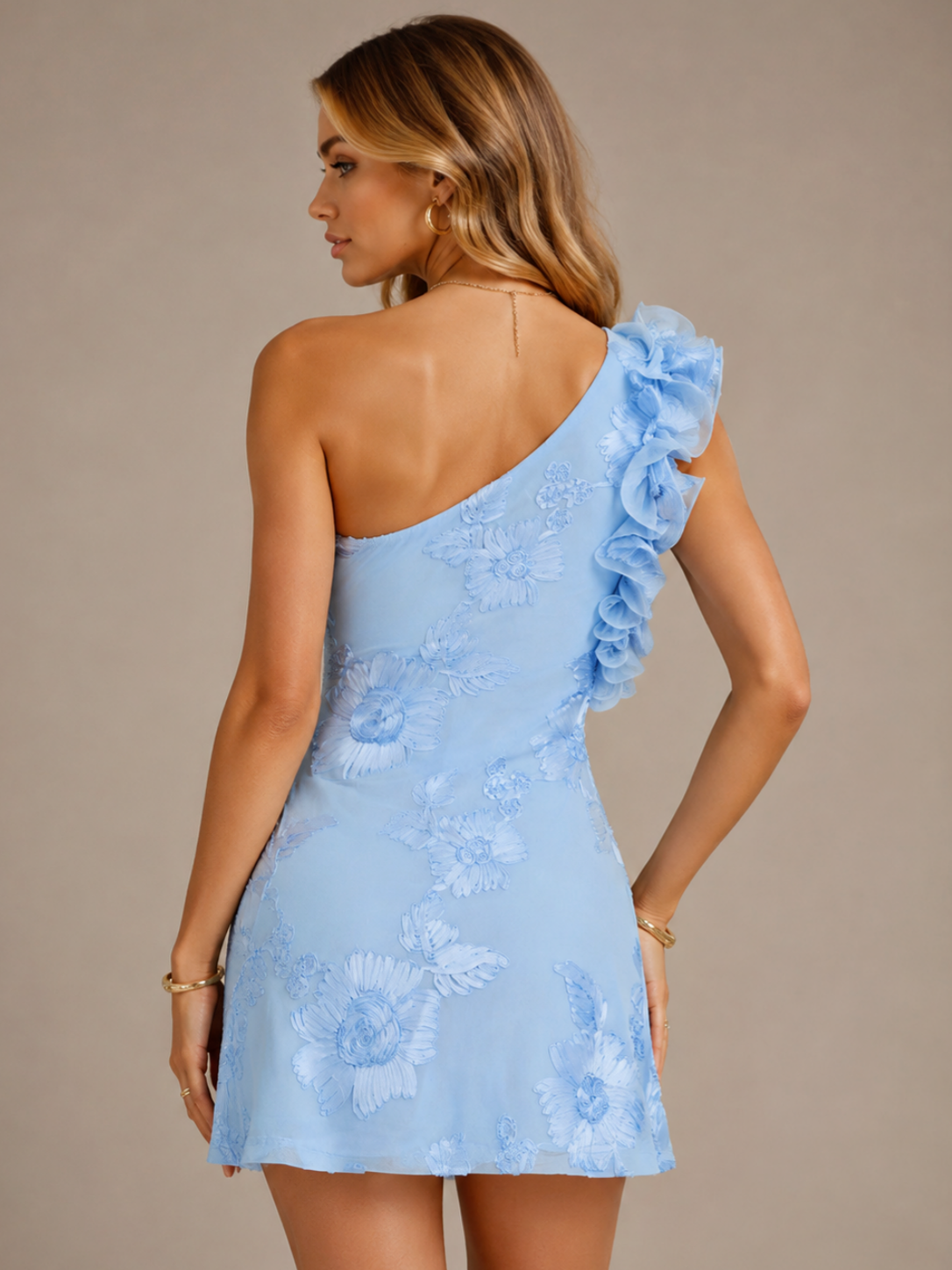 Light Blue One Shoulder Floral Embroidery Mini Dress