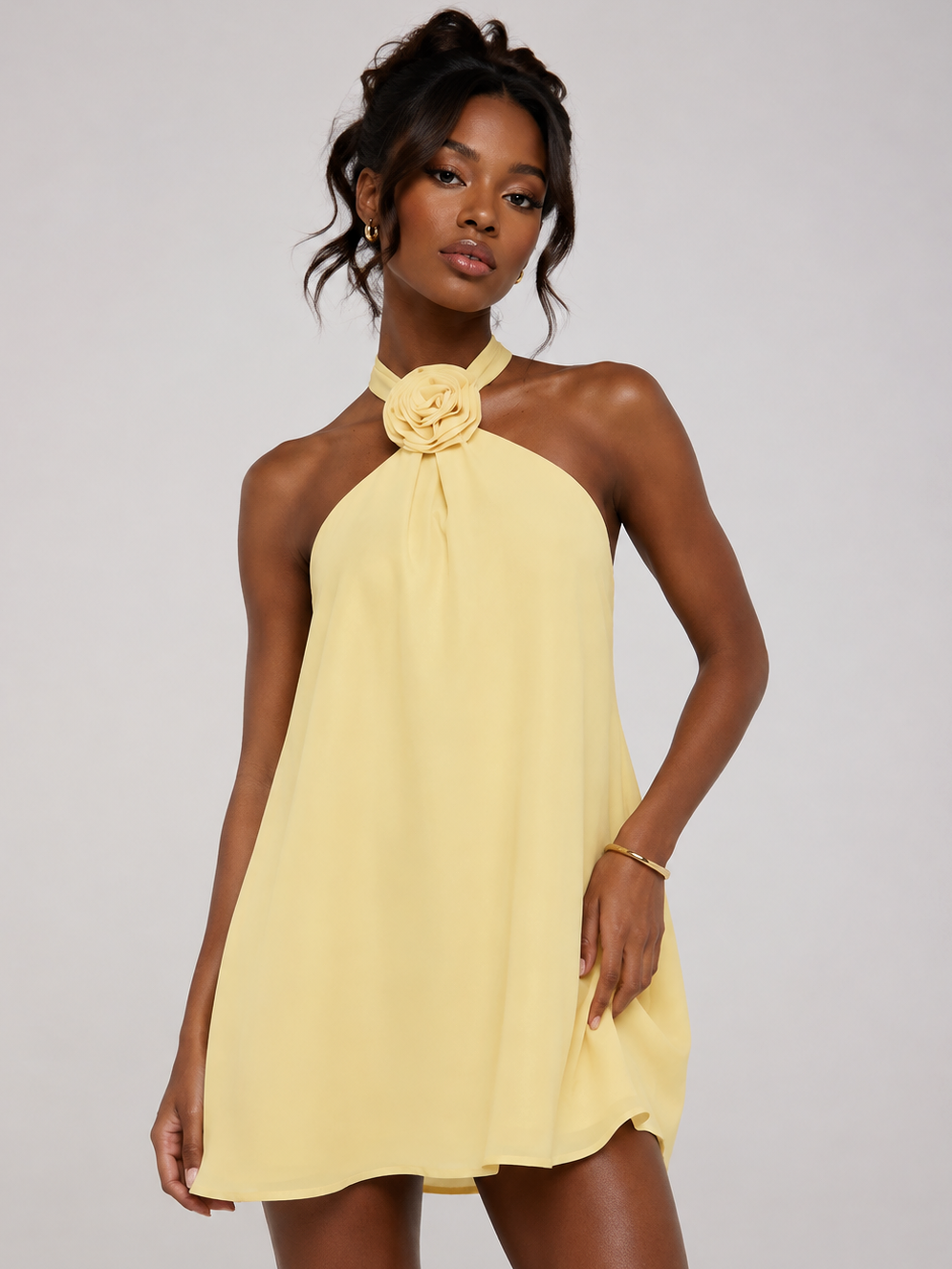 Yellow Halter Chiffon Mini Dress with 3D Rose Applique