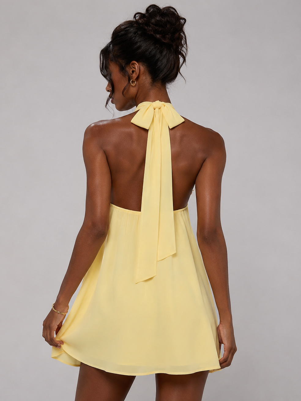 Yellow Halter Chiffon Mini Dress with 3D Rose Applique