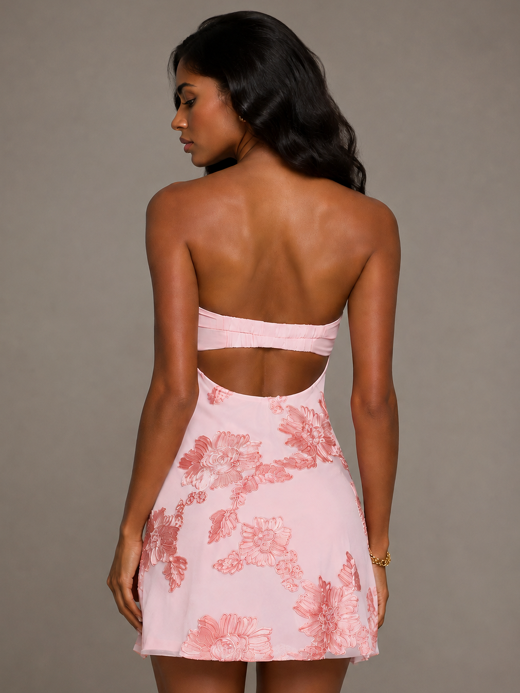 Blush Pink Strapless Floral Mini Dress