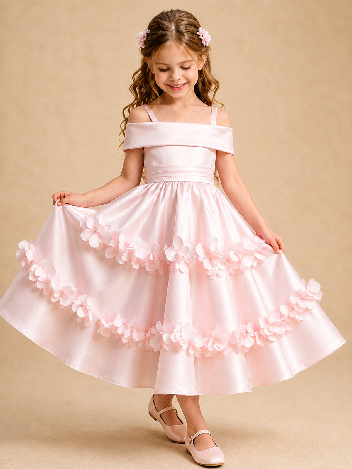Blush Pink 3D Floral Satin Off Shoulder Flower Girl Dress