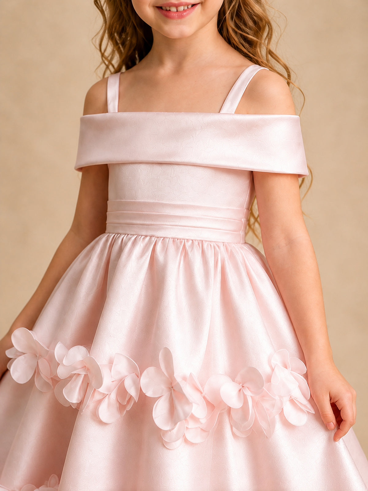 Blush Pink 3D Floral Satin Off Shoulder Flower Girl Dress
