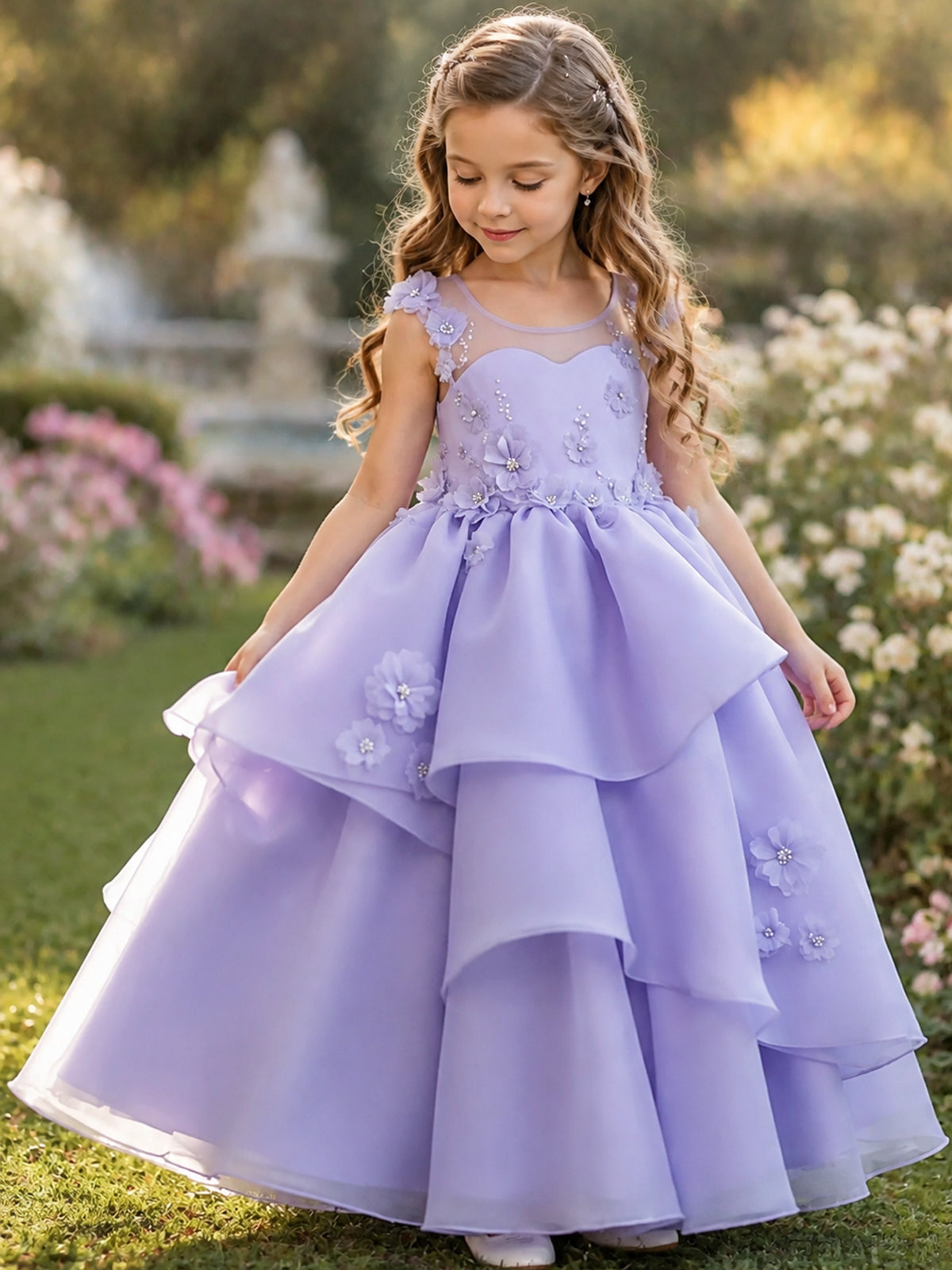 Lilac Oganza Flower Girl Dress with Sweetheart Neckline