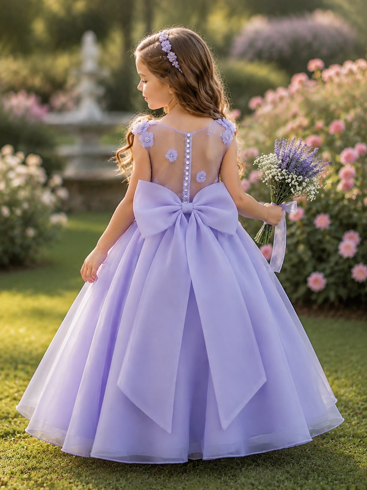 Lilac Oganza Flower Girl Dress with Sweetheart Neckline