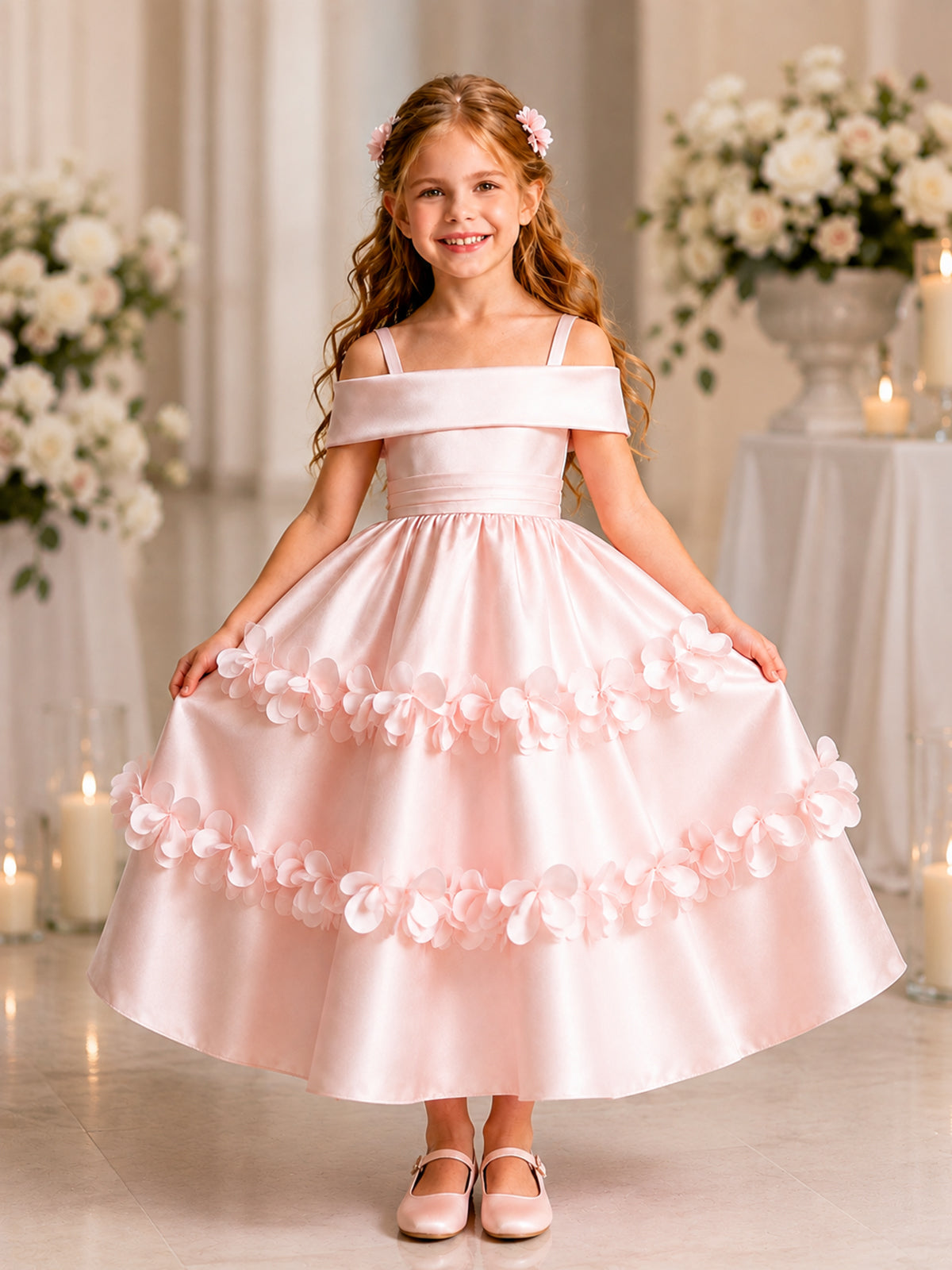 Blush Pink 3D Floral Satin Off Shoulder Flower Girl Dress