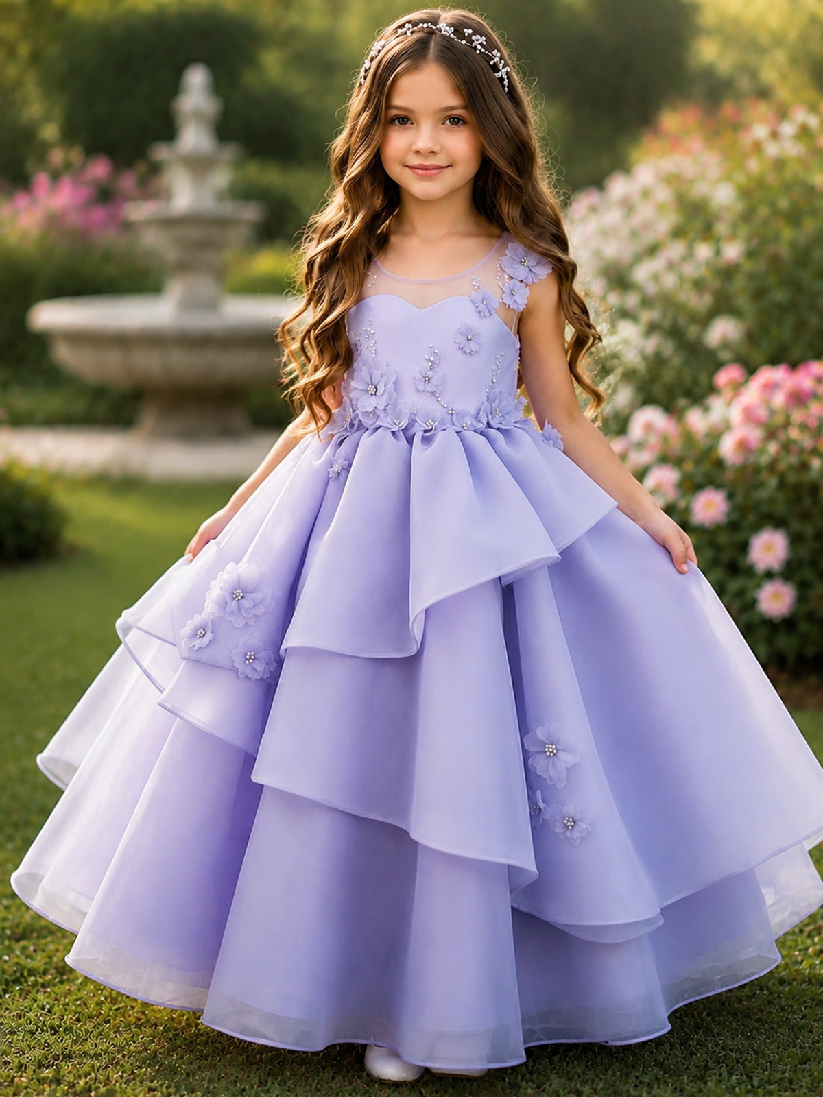Lilac Oganza Flower Girl Dress with Sweetheart Neckline