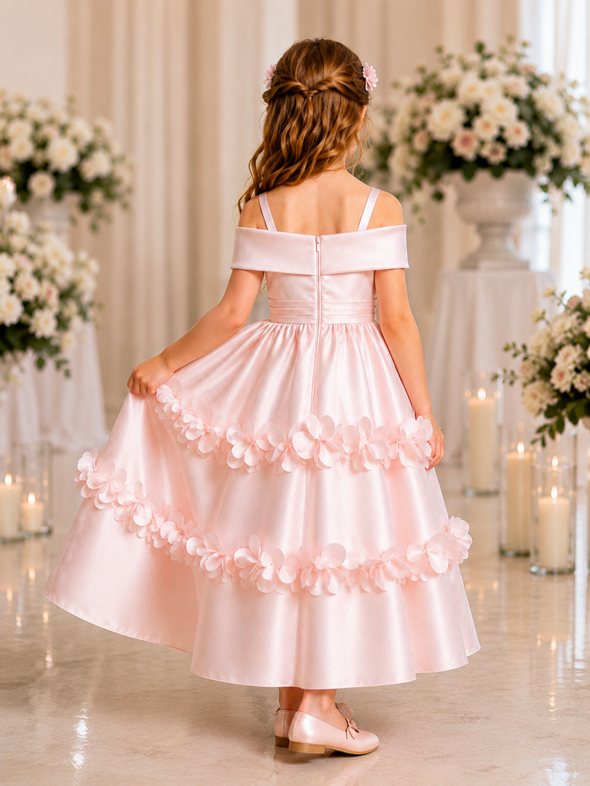 Blush Pink 3D Floral Satin Off Shoulder Flower Girl Dress