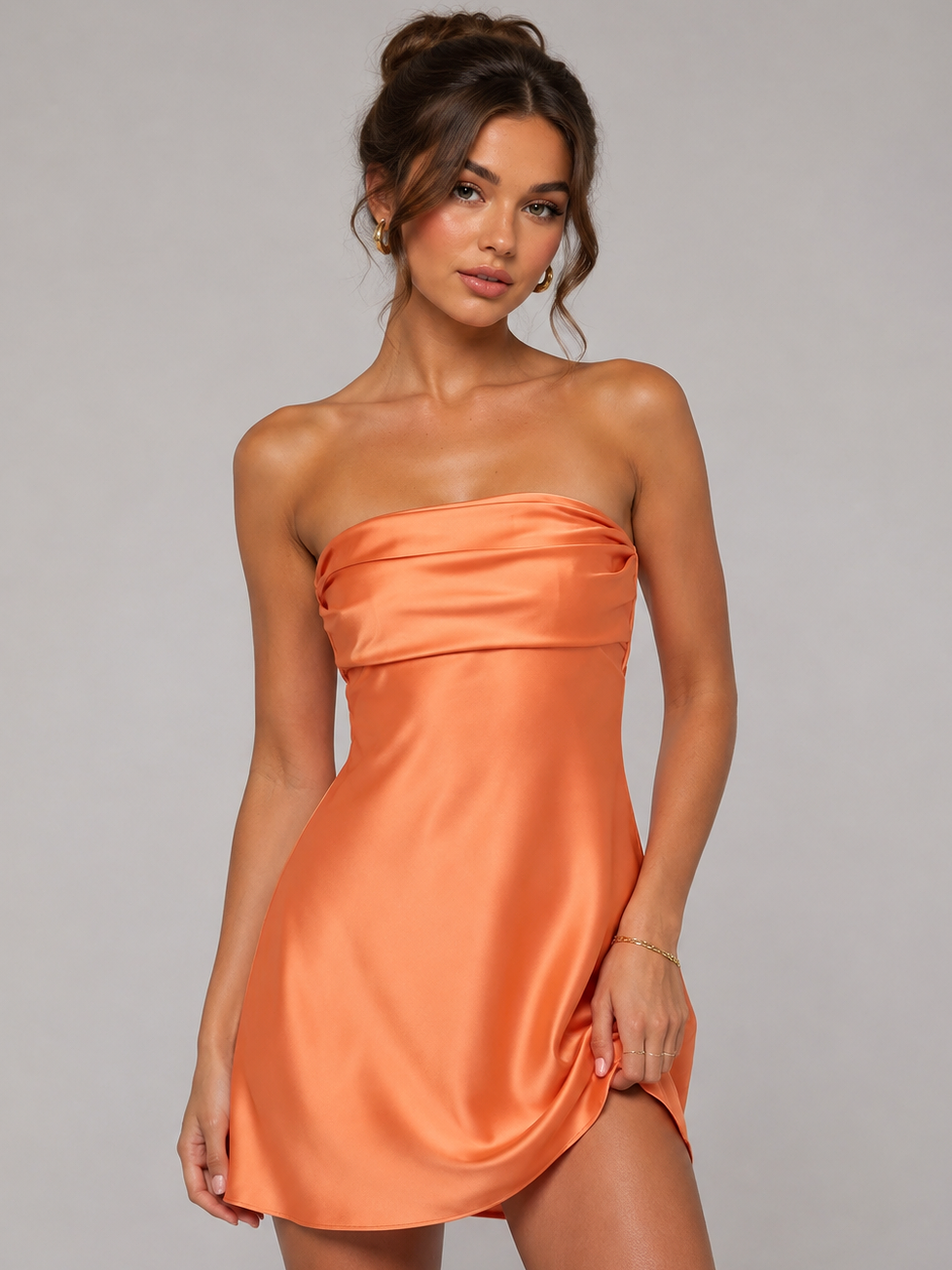 Burnt Orange Strapless Satin Mini Dress