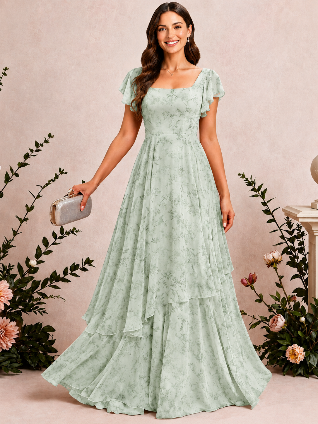 Square Neck Tiered Ruffles Sage Green Floral Chiffon Bridesmaid Dress
