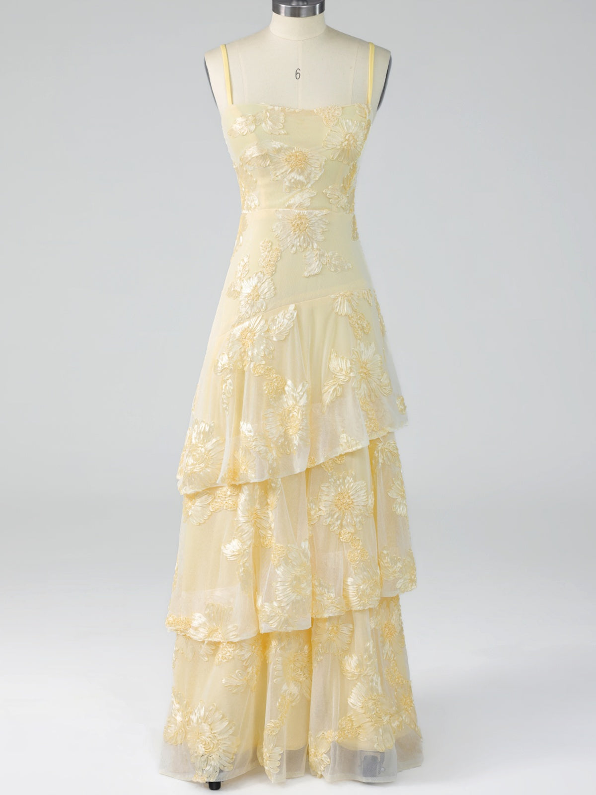 Yellow Tiered Ruffles Floral Embroidery Prom Dress
