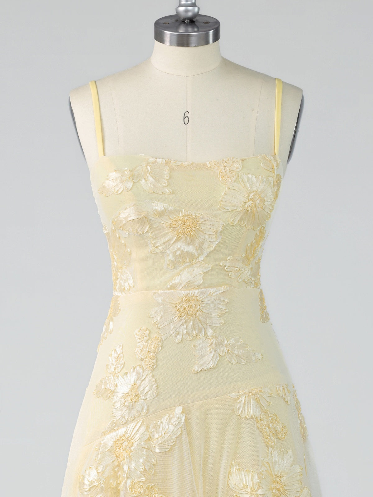 Yellow Tiered Ruffles Floral Embroidery Prom Dress