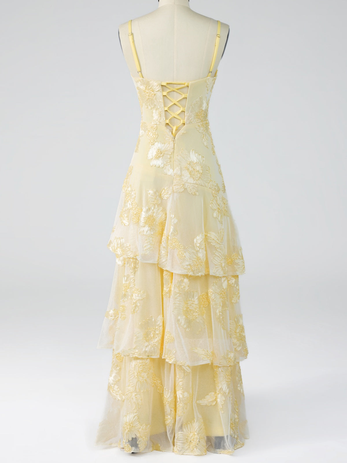 Yellow Tiered Ruffles Floral Embroidery Prom Dress