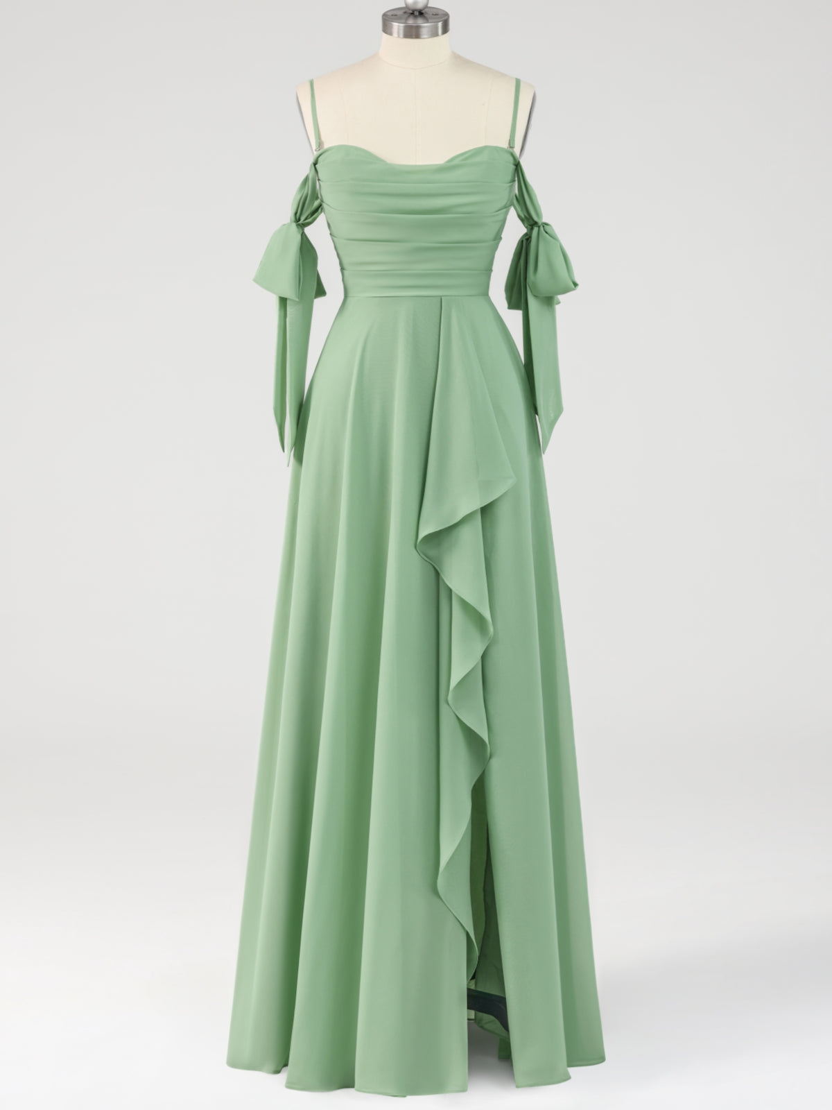 Sage Green A-Line Ruffles Maxi Dress with Slit