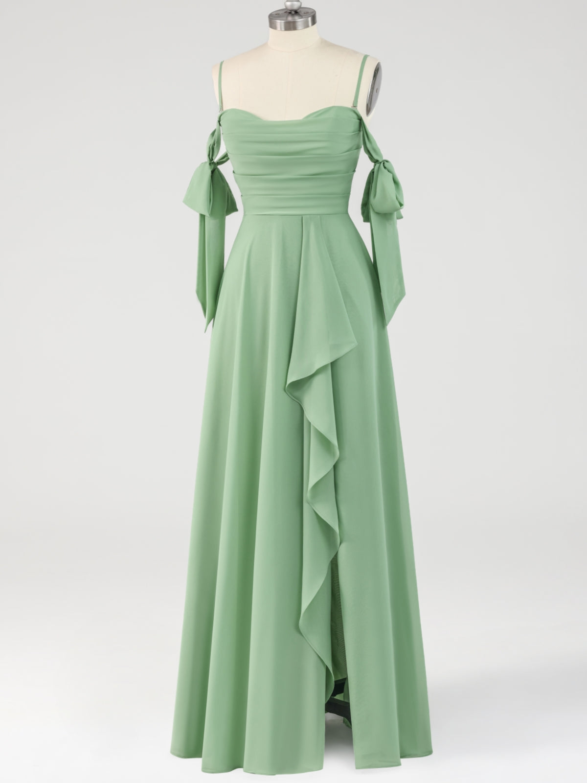 Sage Green A-Line Ruffles Maxi Dress with Slit