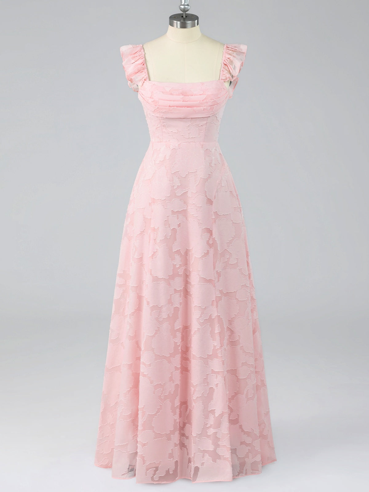 Pink Jacquard Square Neck A-Line Maxi Dress