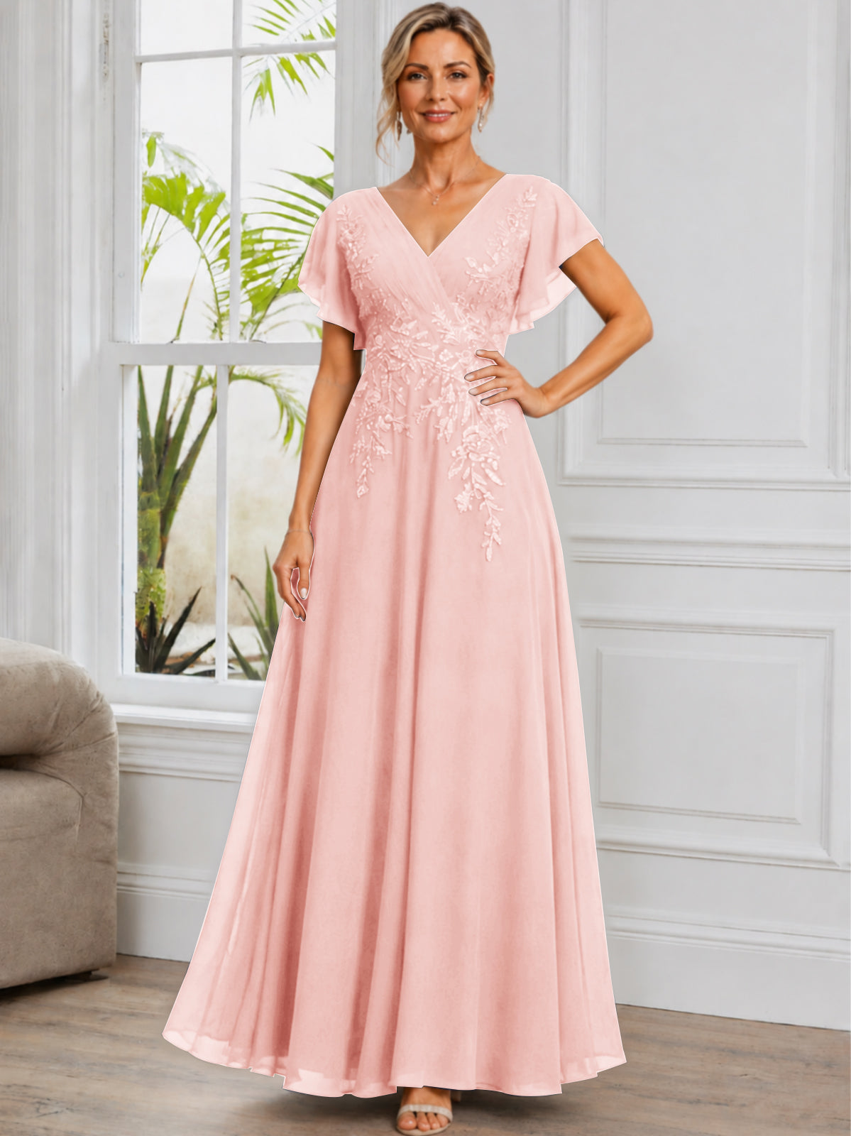 V-Neck Lace Applique Chiffon Long Mother of The Bride Dress
