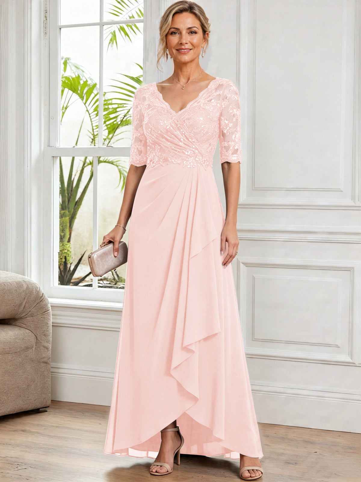 V Neck Half Sleeve Lace Applique Chiffon Mother of The Bride Dress