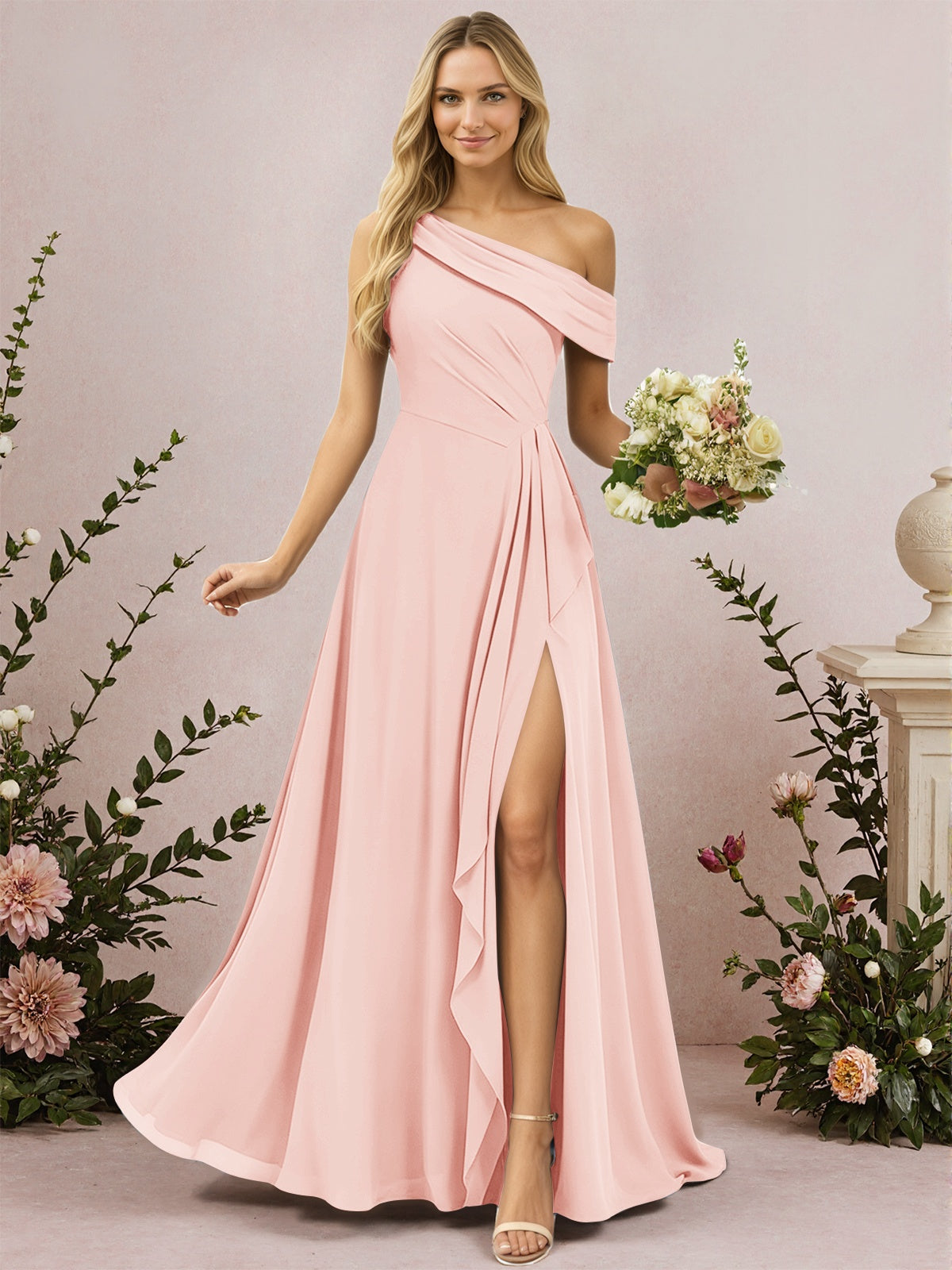 One Shoulder A-Line Chiffon Bridesmaid Dress with Slit