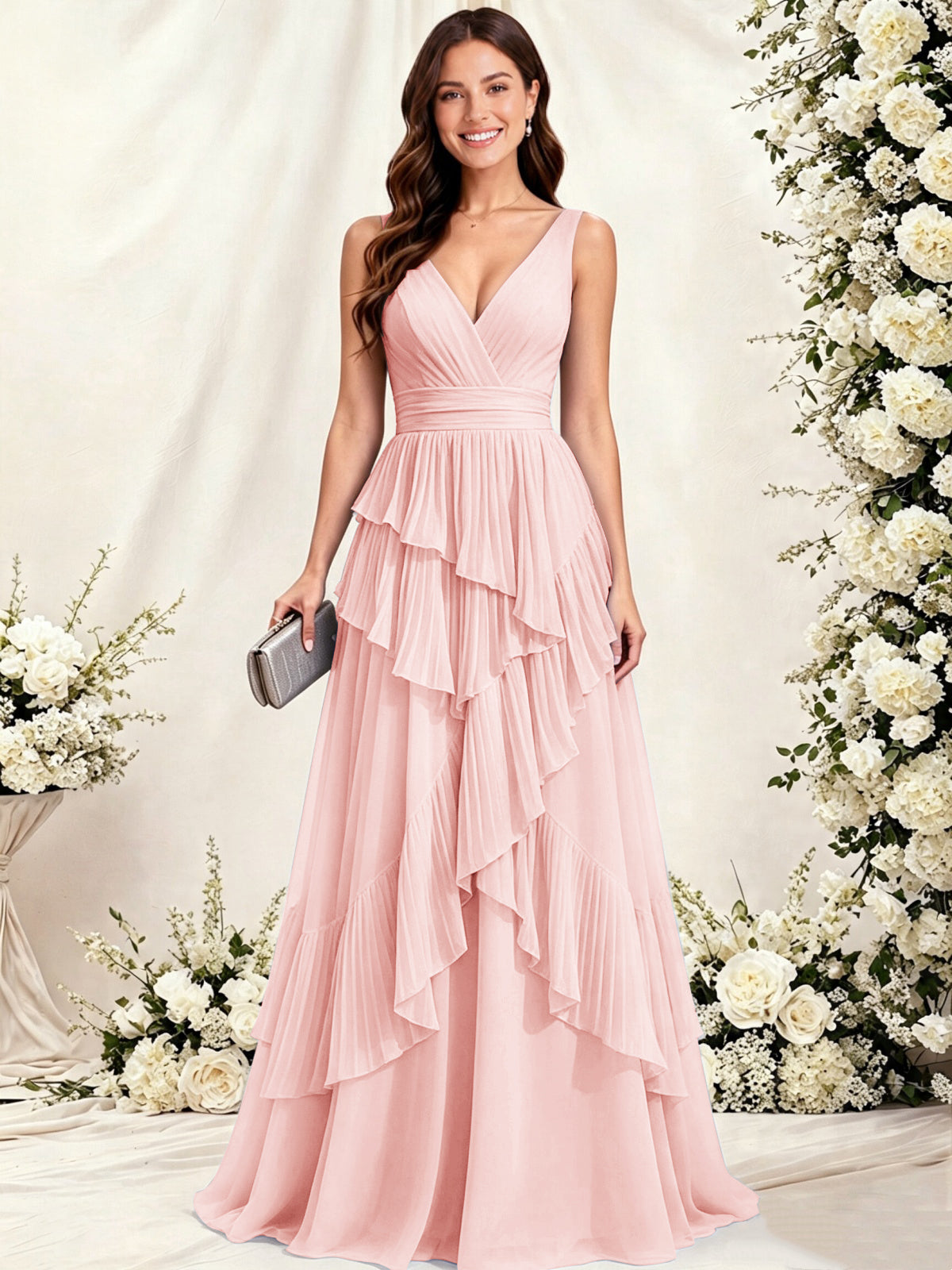 V Neck Tiered Ruffles A-Line Chiffon Bridesmaid Dress