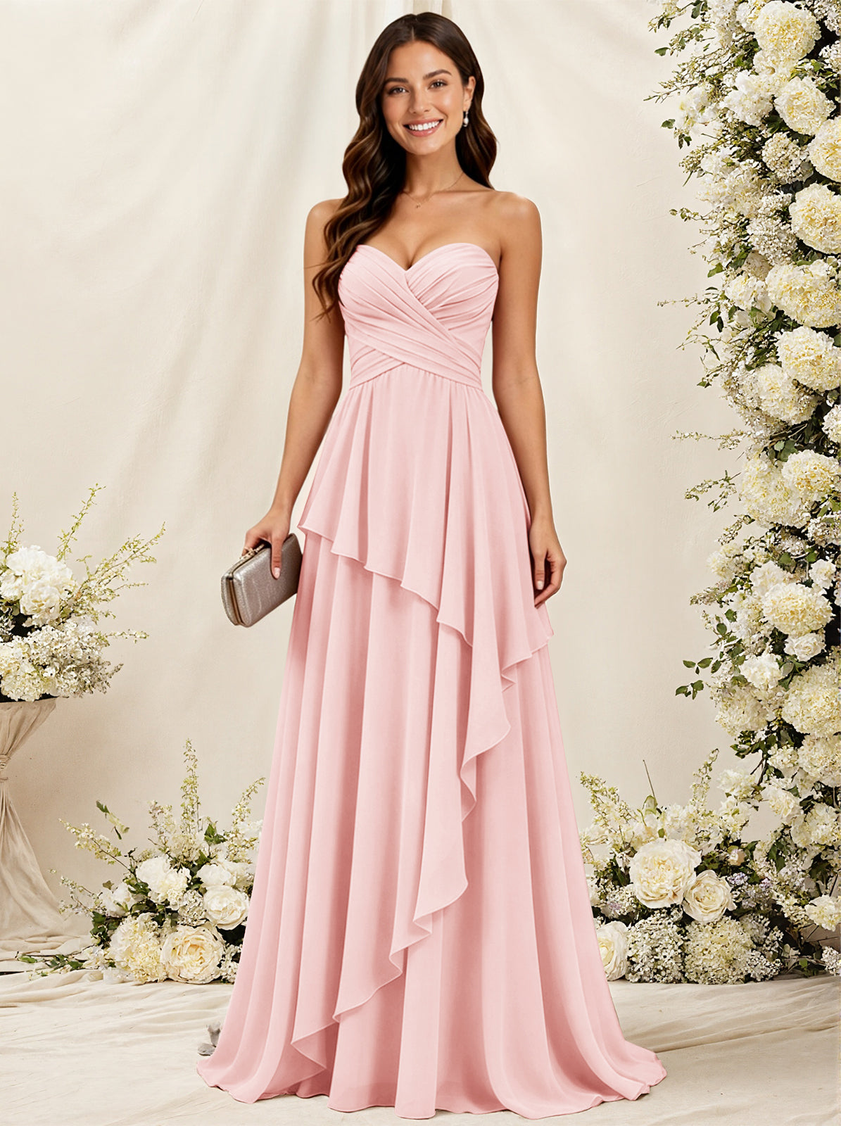 Strapless Sweetheart Neck Chiffon Bridesmaid Dress with Tiered Ruffles
