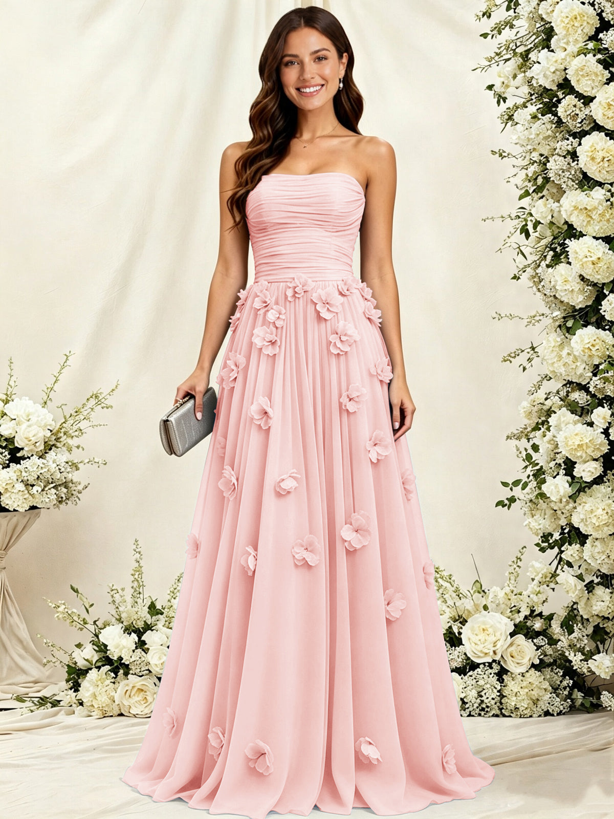 A-Line Strapless Pleated Tulle Bridesmaid Dress with 3D Floral Appliques