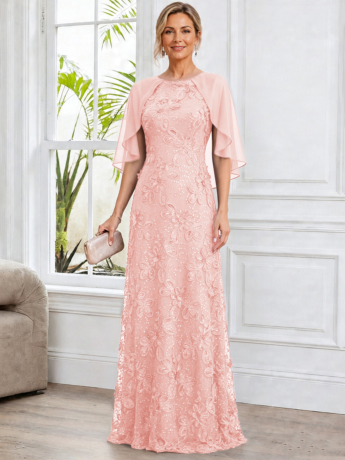 A-Line Lace Applique Scoop Neck Mother of The Bride Dress with Cape