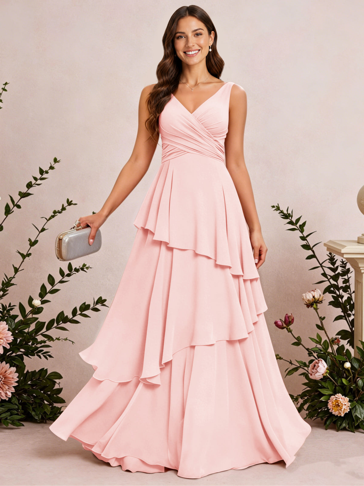 V Neck Tiered Ruffles Chiffon Long Bridesmaid Dress