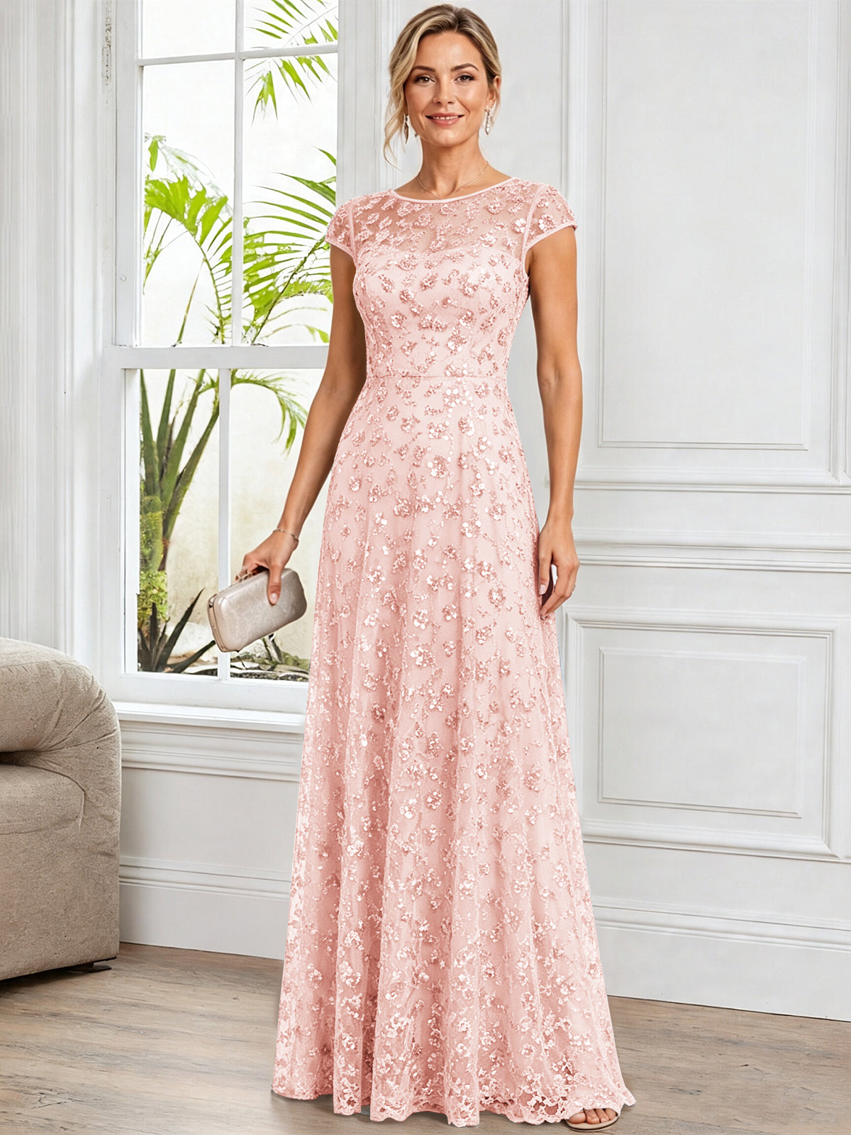 A-Line Illusion Scoop Neck Tulle Mother of The Bride Dress with Beads