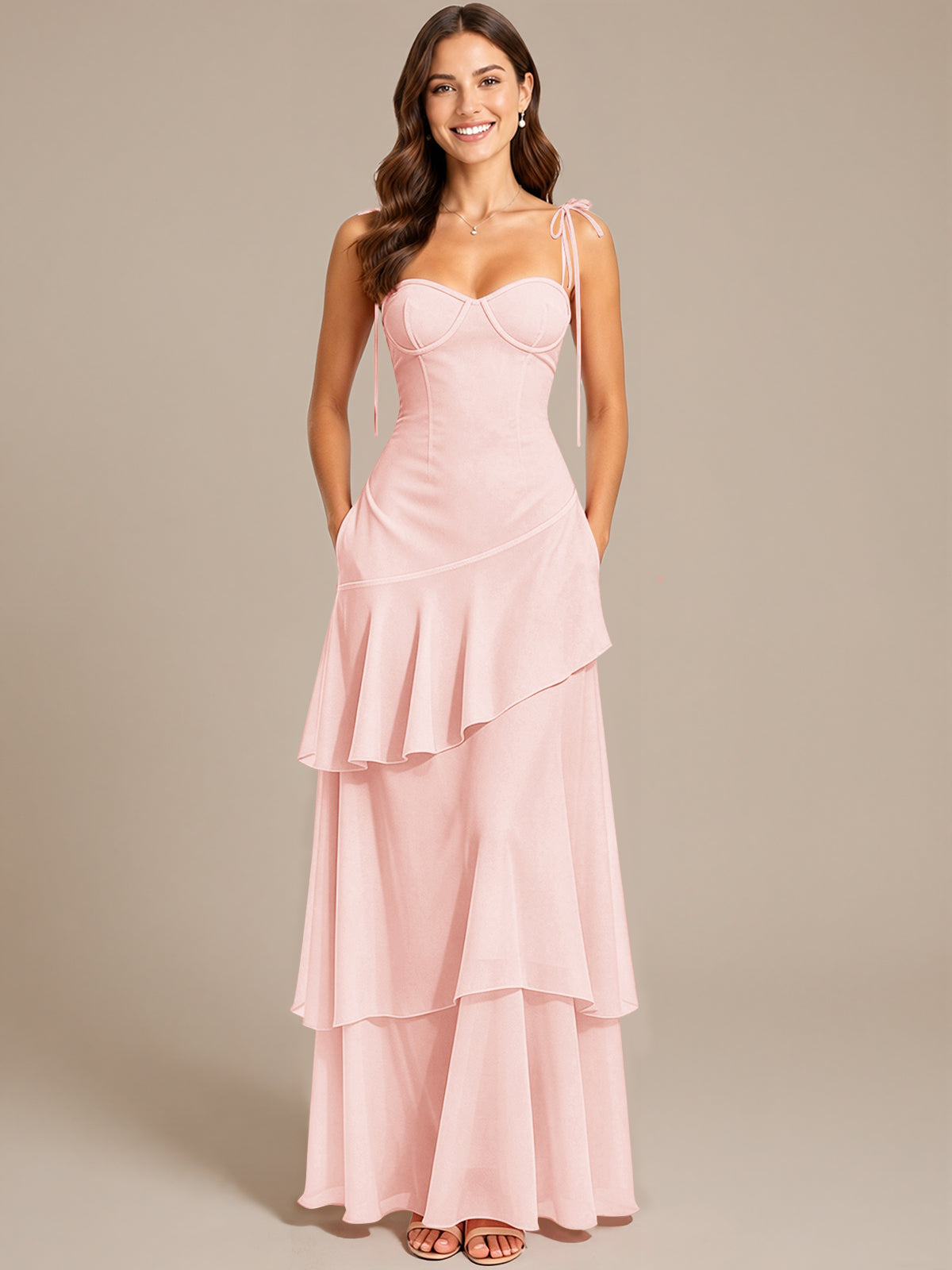 Spaghetti Strap Tiered Ruffles Chiffon Prom Dress