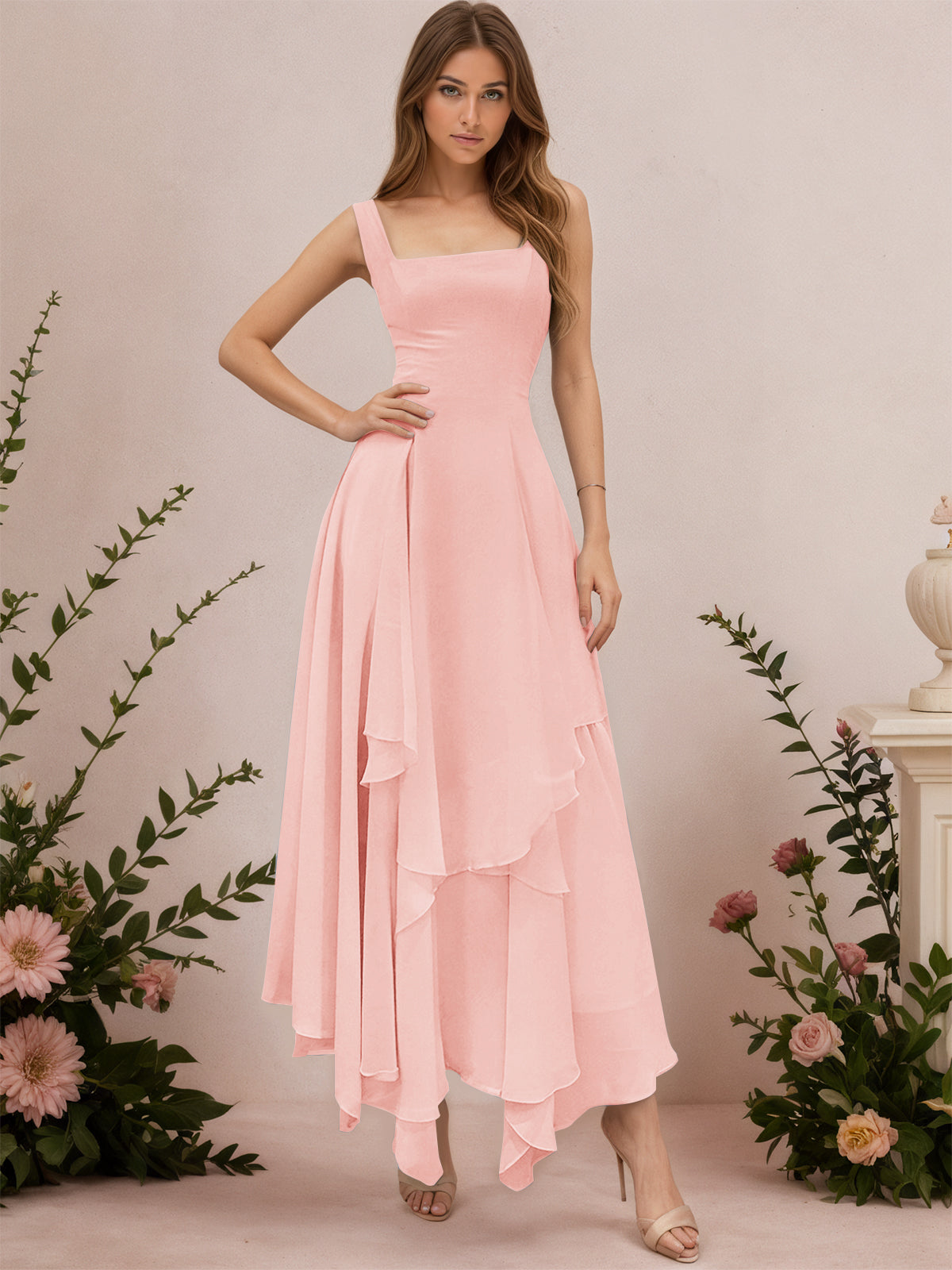A-Line Tiered Ruffles Chiffon Bridesmaid Dress