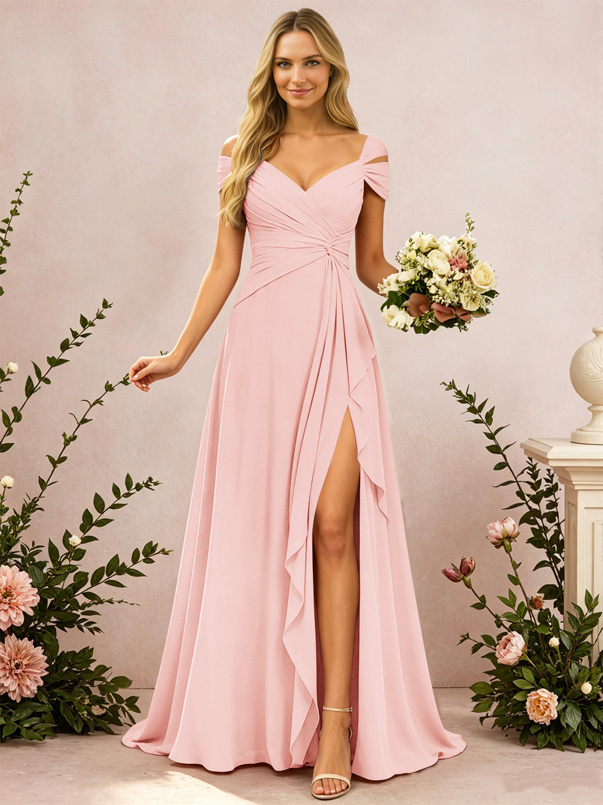 Cold Shoulder Pleated Chiffon Bridesmaid Dress with Side Slit
