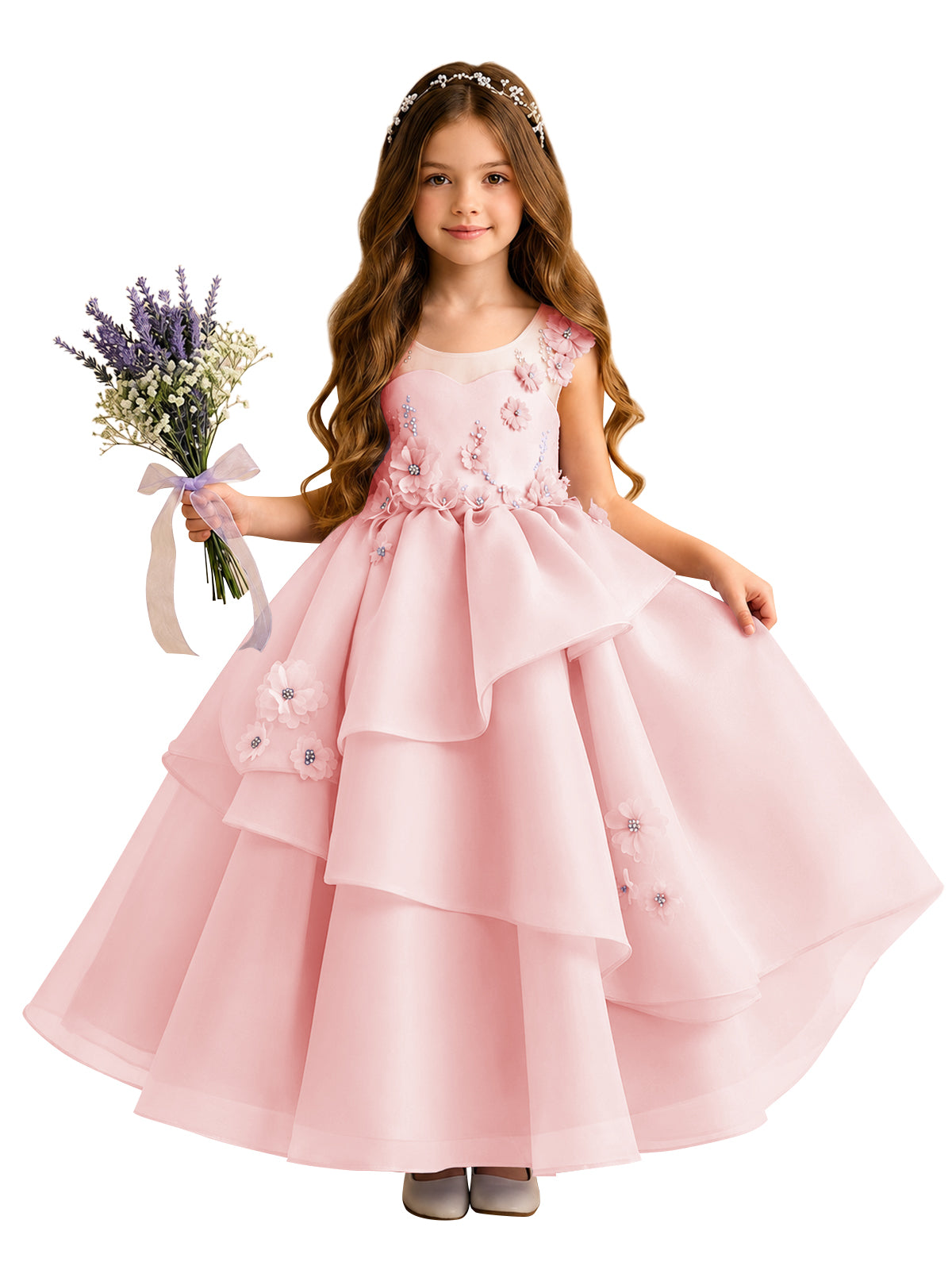 Lilac Oganza Flower Girl Dress with Sweetheart Neckline