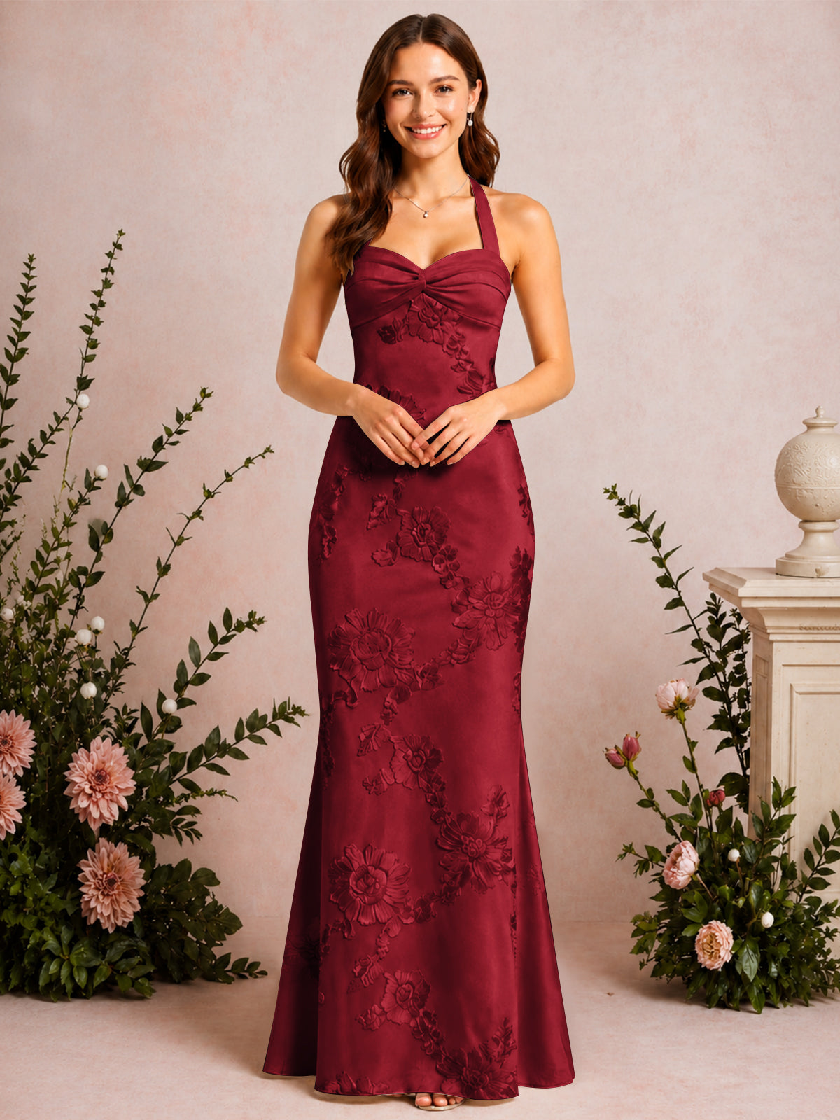 Halter Mermaid Floral Embroidery Long Prom Dress