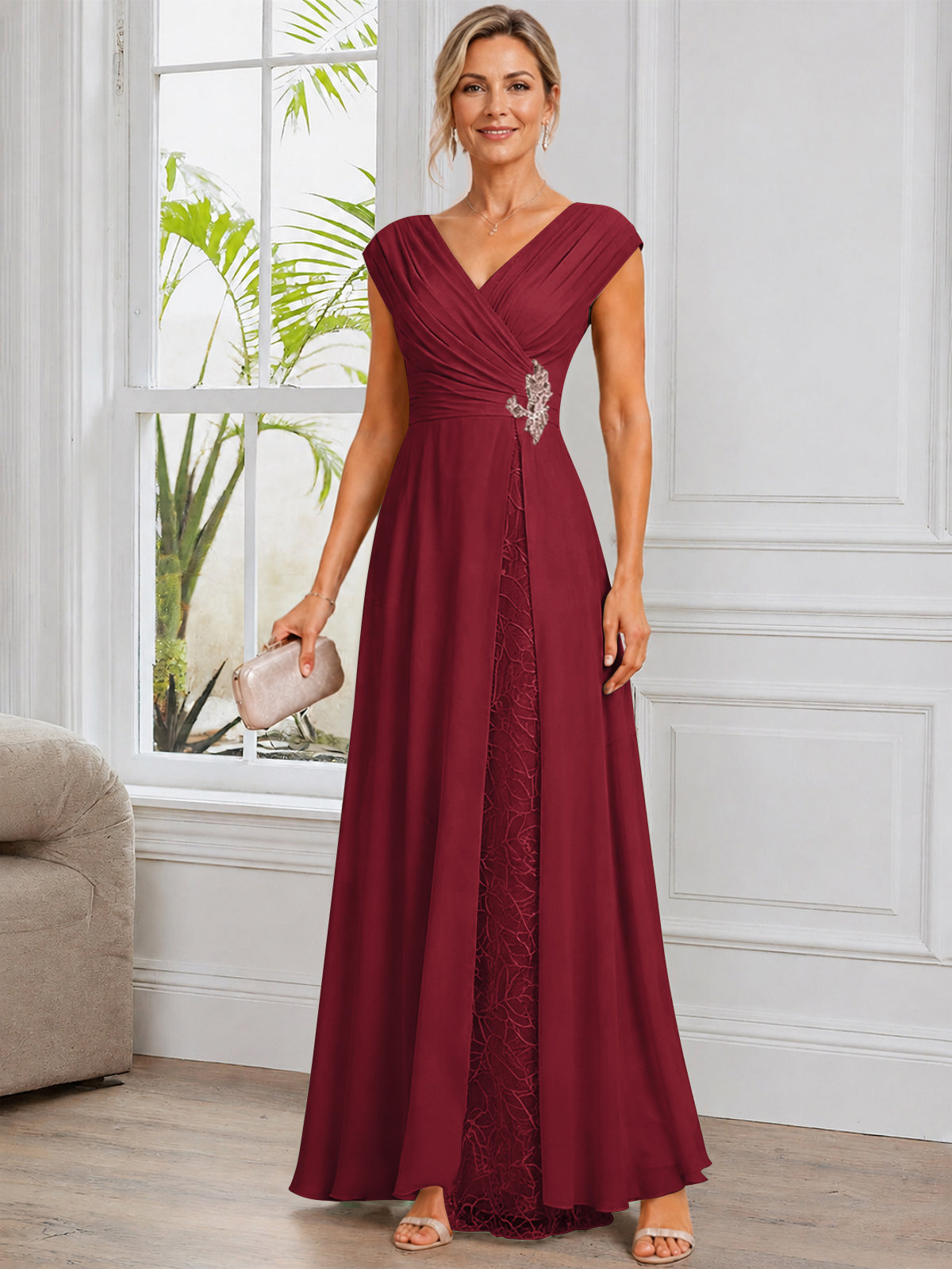 Cap Sleeve Leaf Lace Chiffon Long Mother of The Bride Dress with Beads