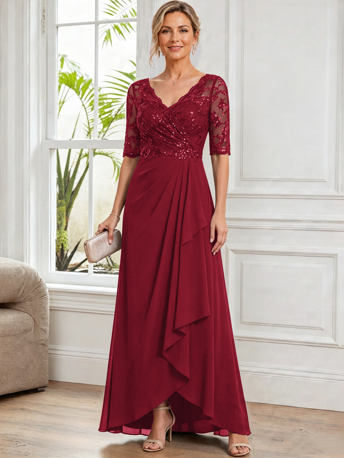 V Neck Half Sleeve Lace Applique Chiffon Mother of The Bride Dress