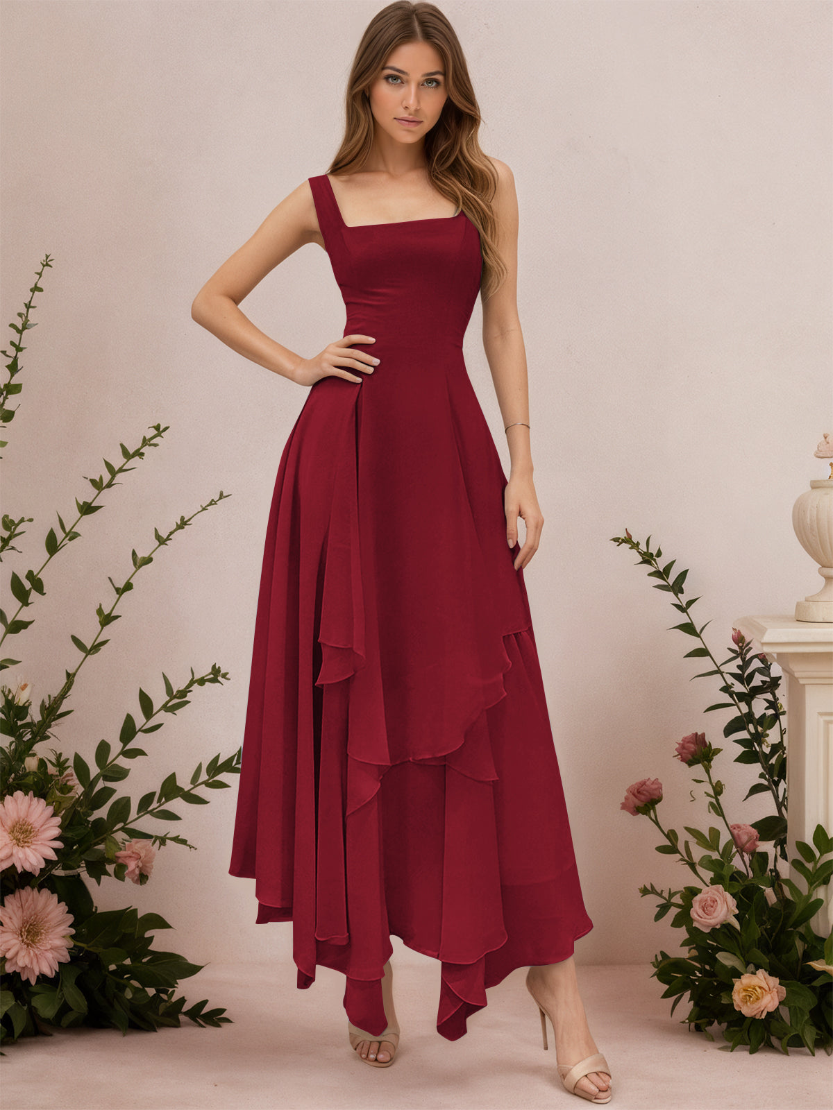 A-Line Tiered Ruffles Chiffon Bridesmaid Dress