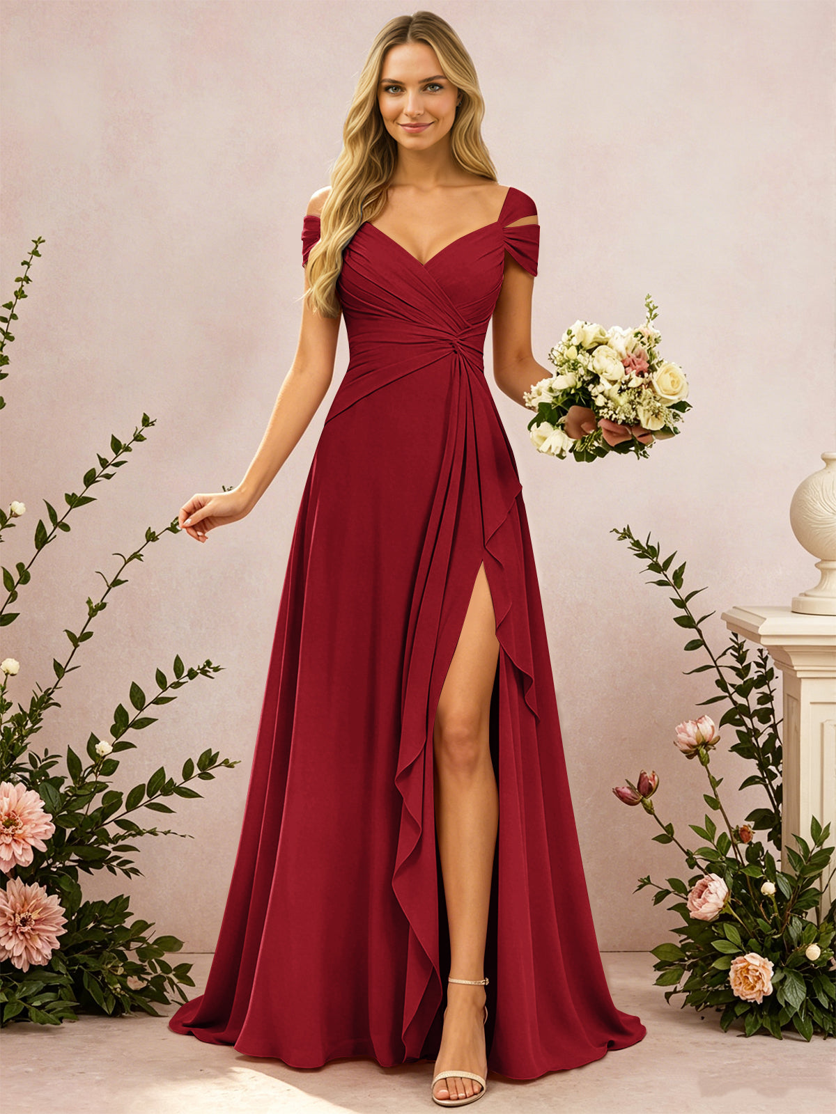 Cold Shoulder Pleated Chiffon Bridesmaid Dress with Side Slit