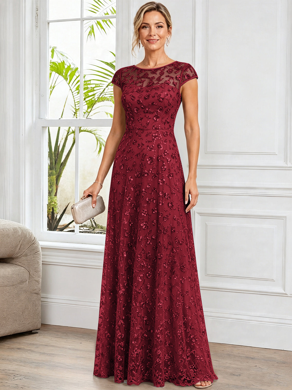 A-Line Illusion Scoop Neck Tulle Mother of The Bride Dress with Beads