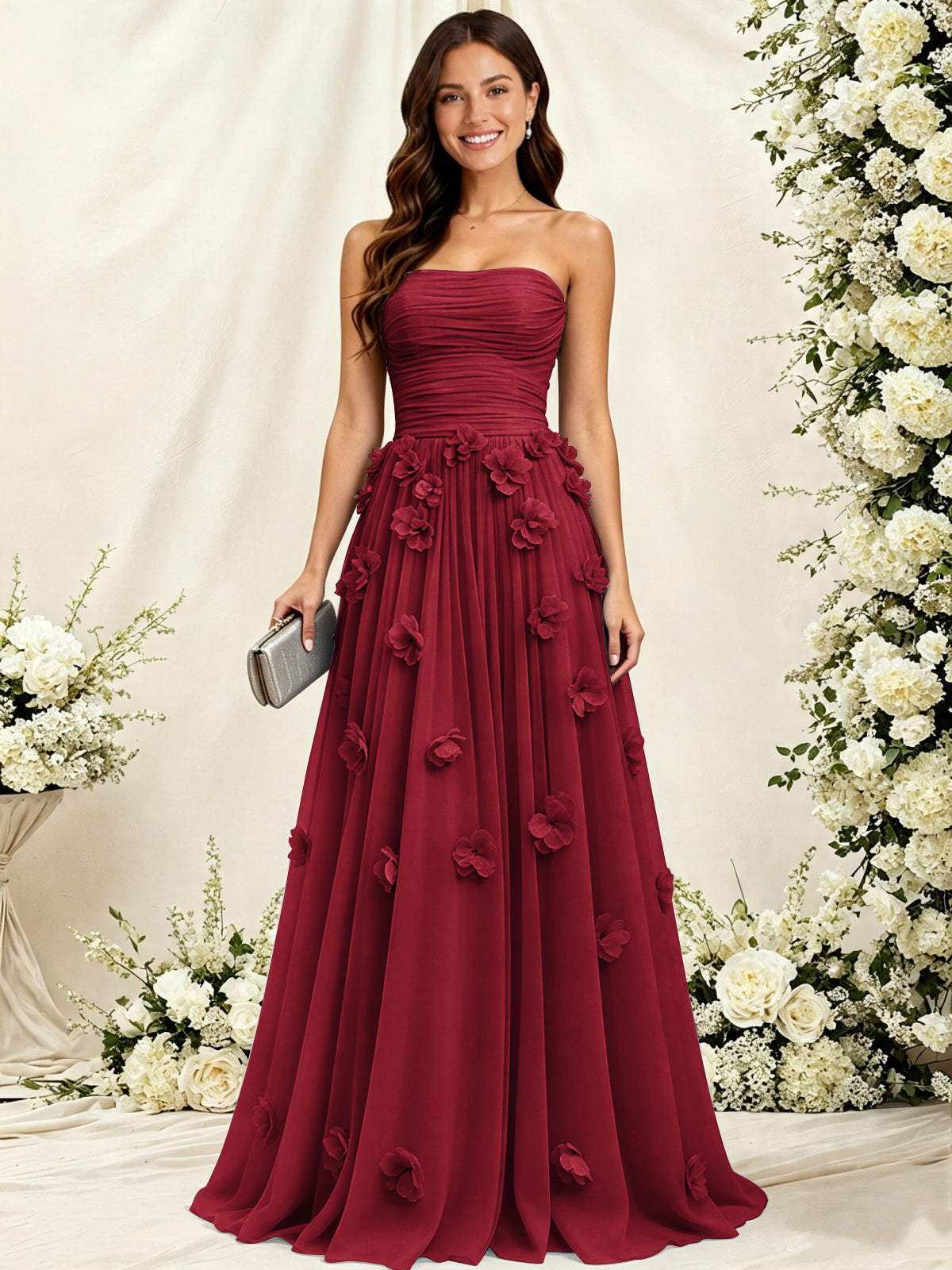 A-Line Strapless Pleated Tulle Bridesmaid Dress with 3D Floral Appliques