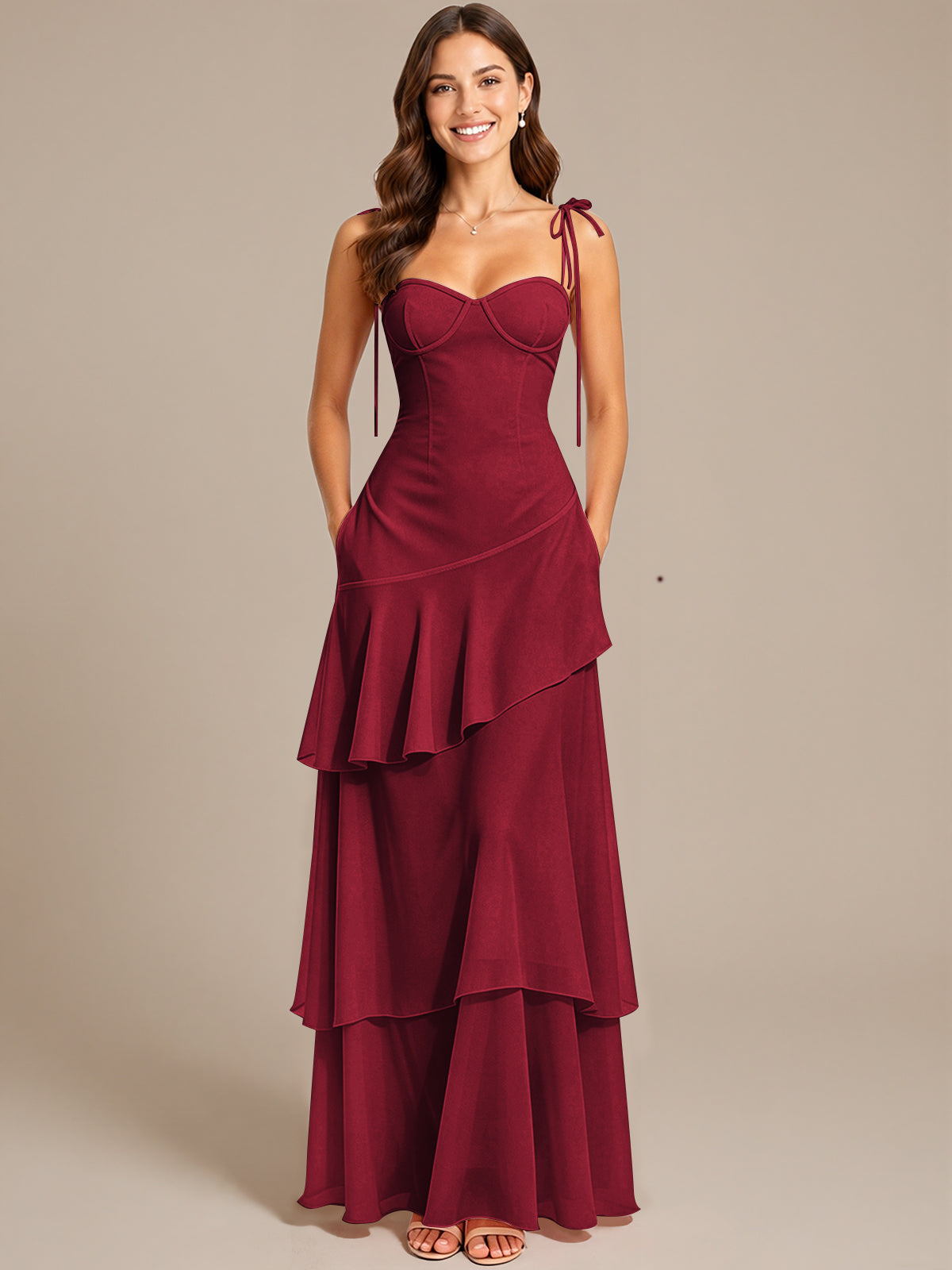 Spaghetti Strap Tiered Ruffles Chiffon Prom Dress