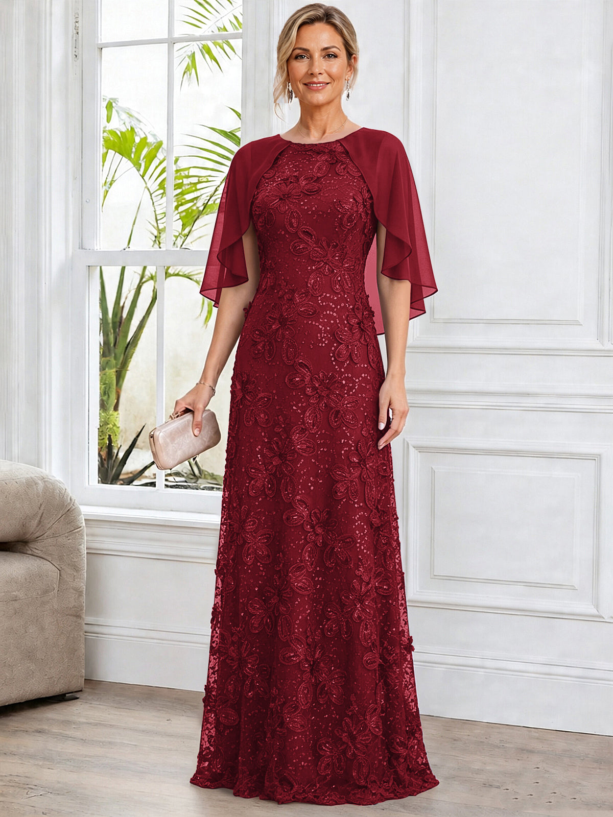 A-Line Lace Applique Scoop Neck Mother of The Bride Dress with Cape