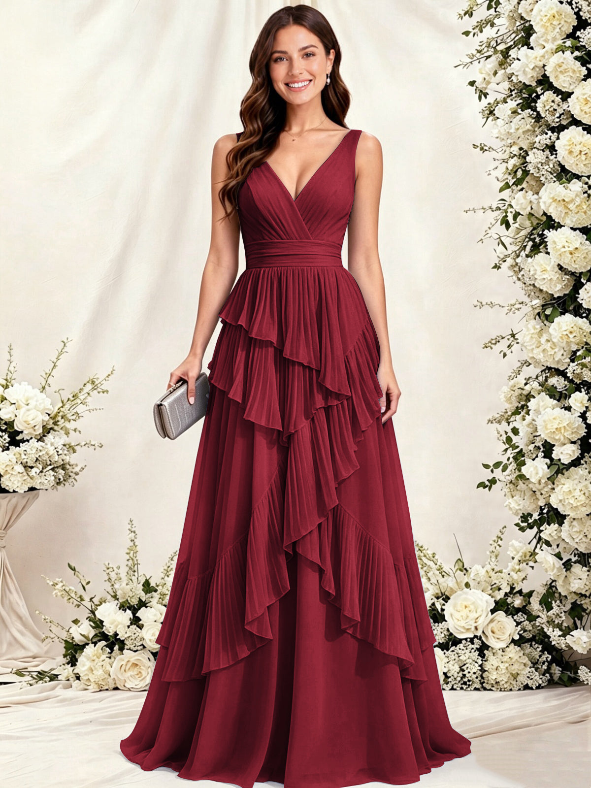 V Neck Tiered Ruffles A-Line Chiffon Bridesmaid Dress