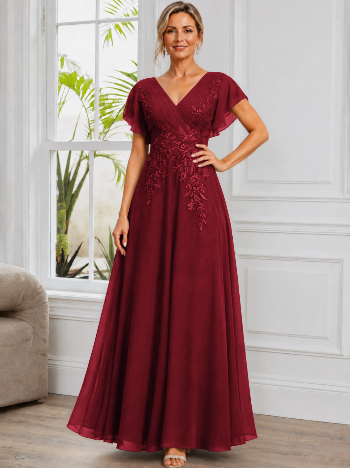 V-Neck Lace Applique Chiffon Long Mother of The Bride Dress