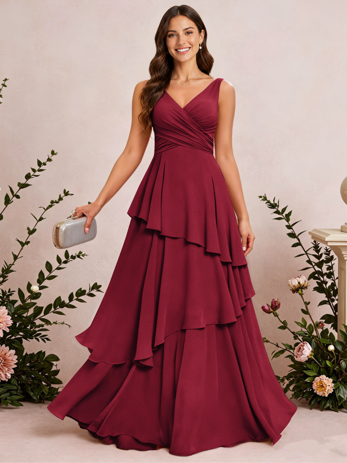 V Neck Tiered Ruffles Chiffon Long Bridesmaid Dress