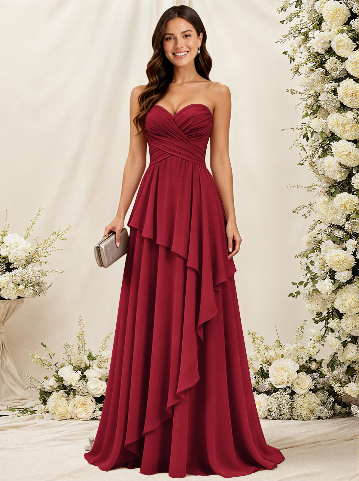 Strapless Sweetheart Neck Chiffon Bridesmaid Dress with Tiered Ruffles