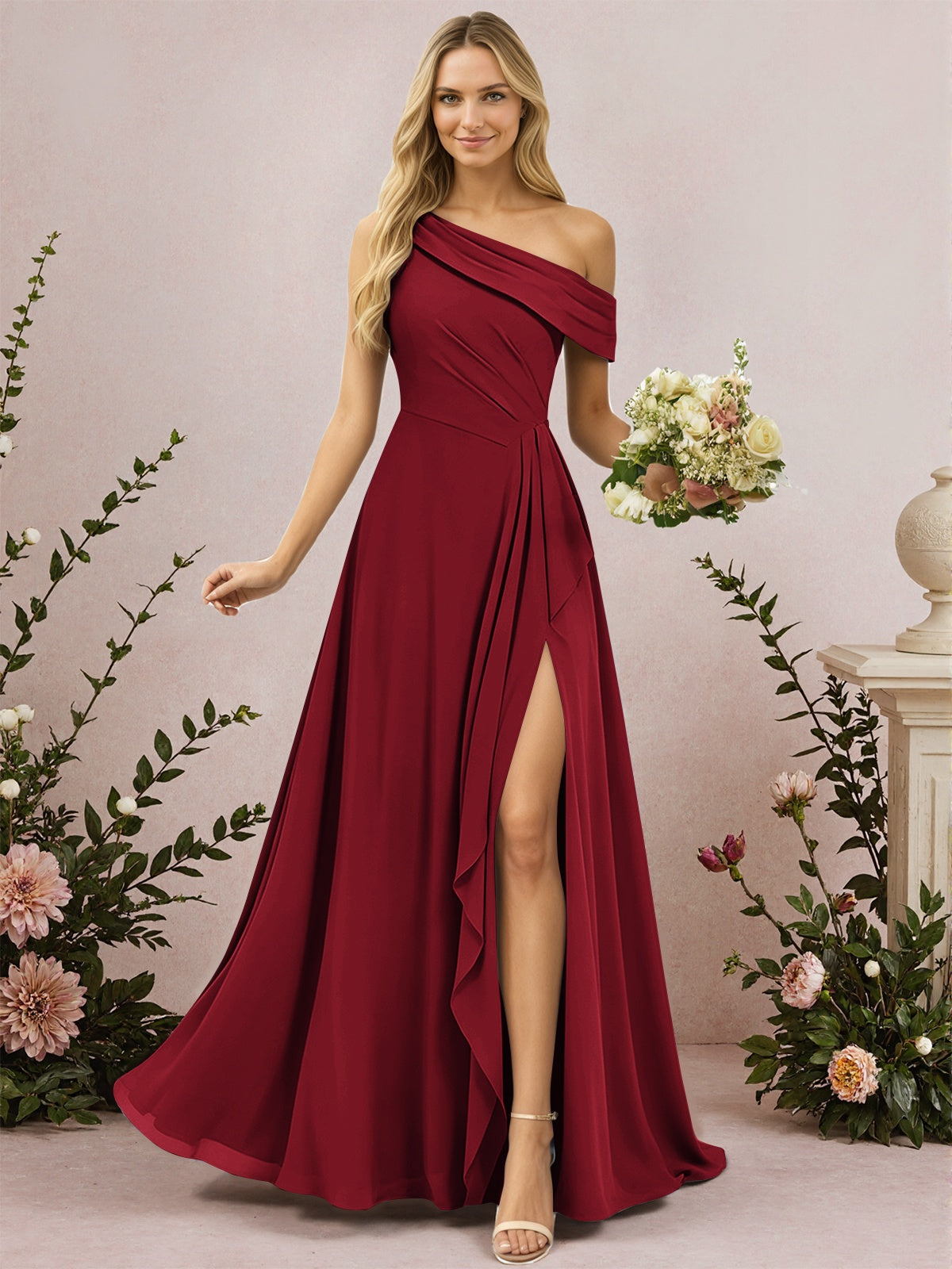 One Shoulder A-Line Chiffon Bridesmaid Dress with Slit
