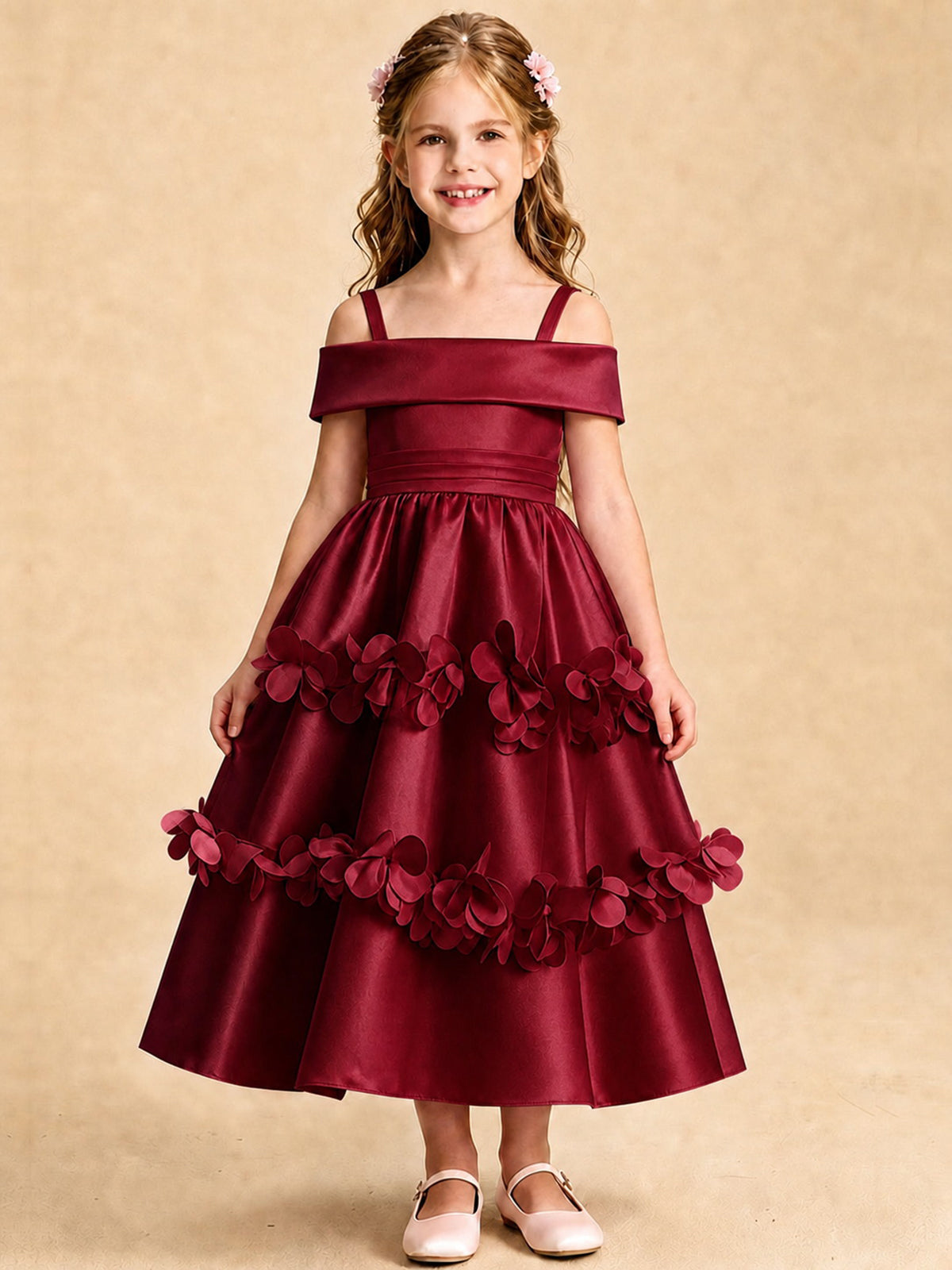 Blush Pink 3D Floral Satin Off Shoulder Flower Girl Dress
