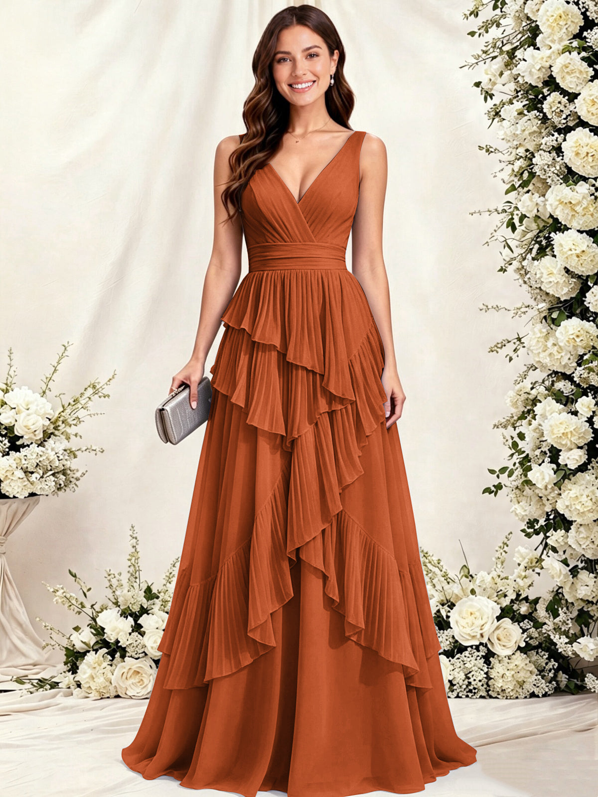 V Neck Tiered Ruffles A-Line Chiffon Bridesmaid Dress